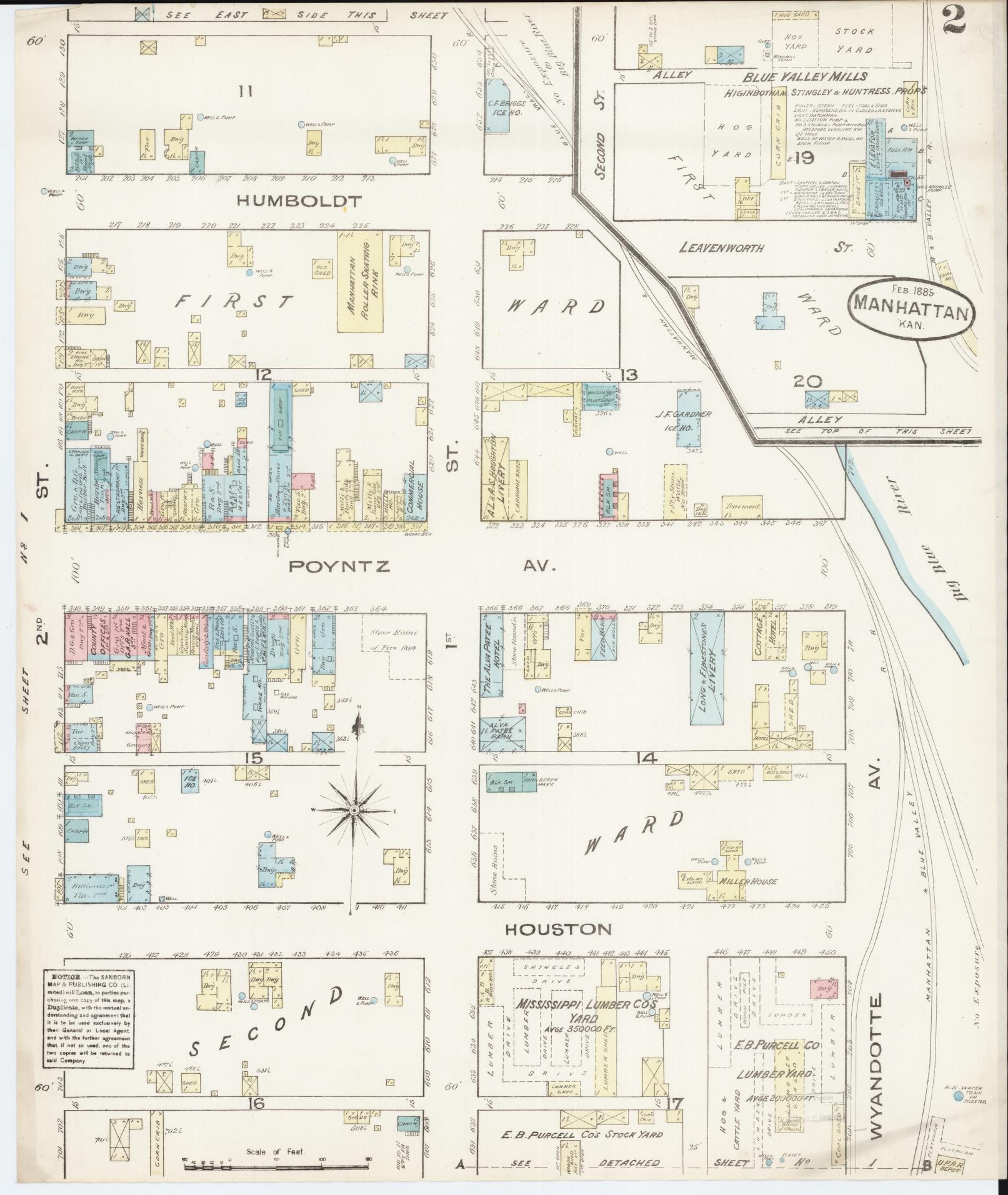 Sanborn Fire Insurance Map from Manhattan, Riley County, Kansas (1885), Sheet #0002 - Historic Sanborn Fire Insurance Map Print, vintage old map wall art, antique decor, genealogy gift, Kansas Kansas map