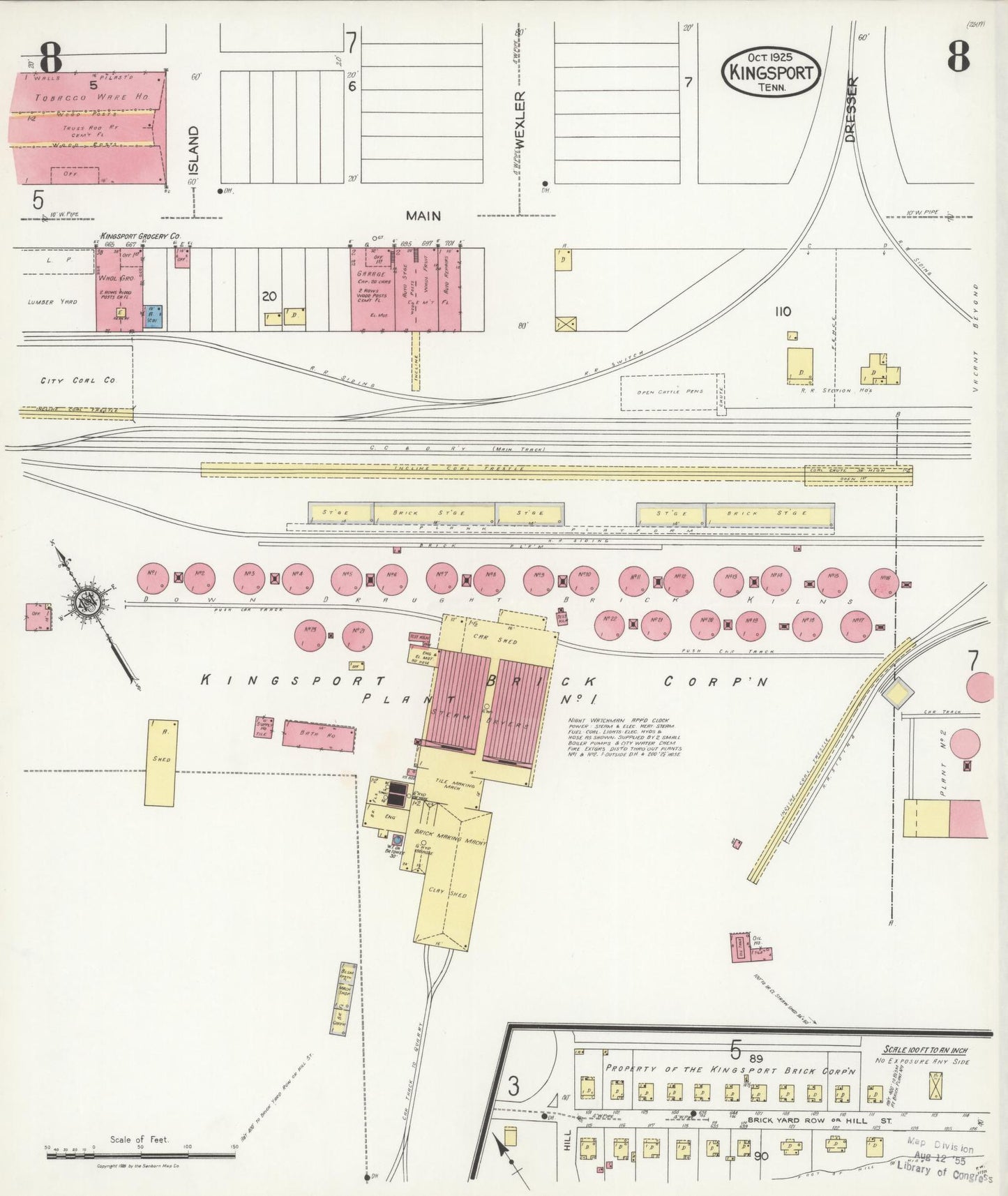 Sanborn Fire Insurance Map from Kingsport, Sullivan County, Tennessee (1925), Sheet #0008 - Complete Map Set gallery image, historic Sanborn map, vintage wall art, Tennessee Tennessee