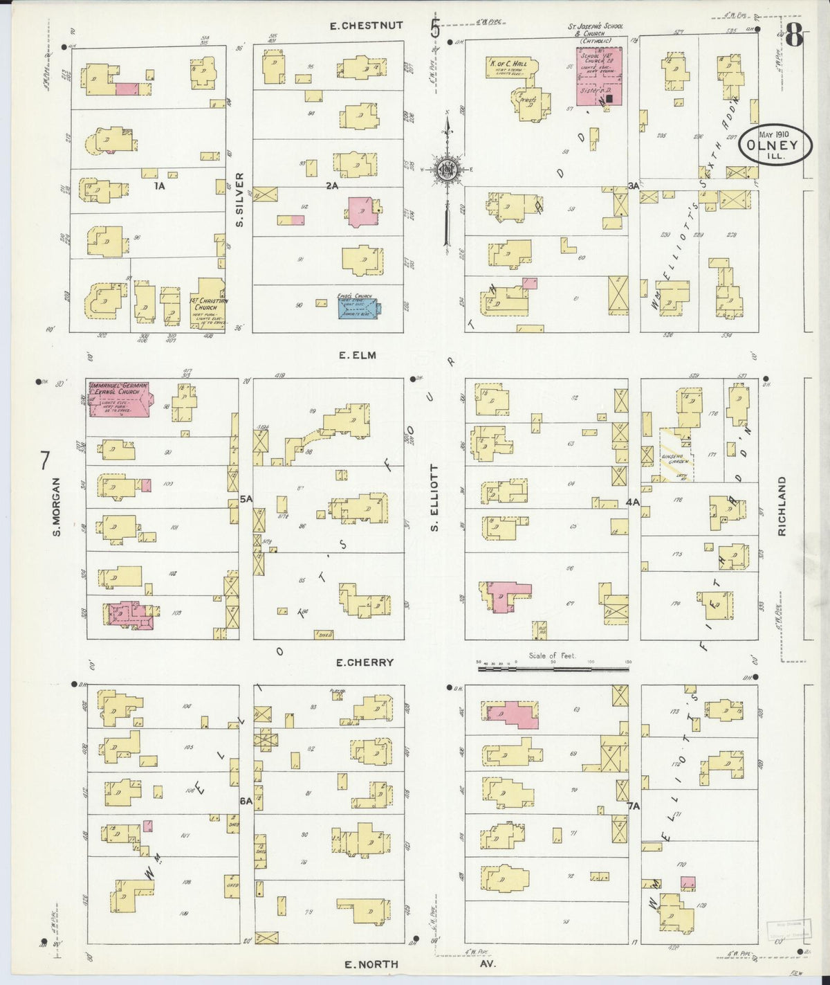 Sanborn Fire Insurance Map from Olney, Richland County, Illinois (1910), Sheet #0008 - Complete Map Set gallery image, historic Sanborn map, vintage wall art, Illinois Illinois