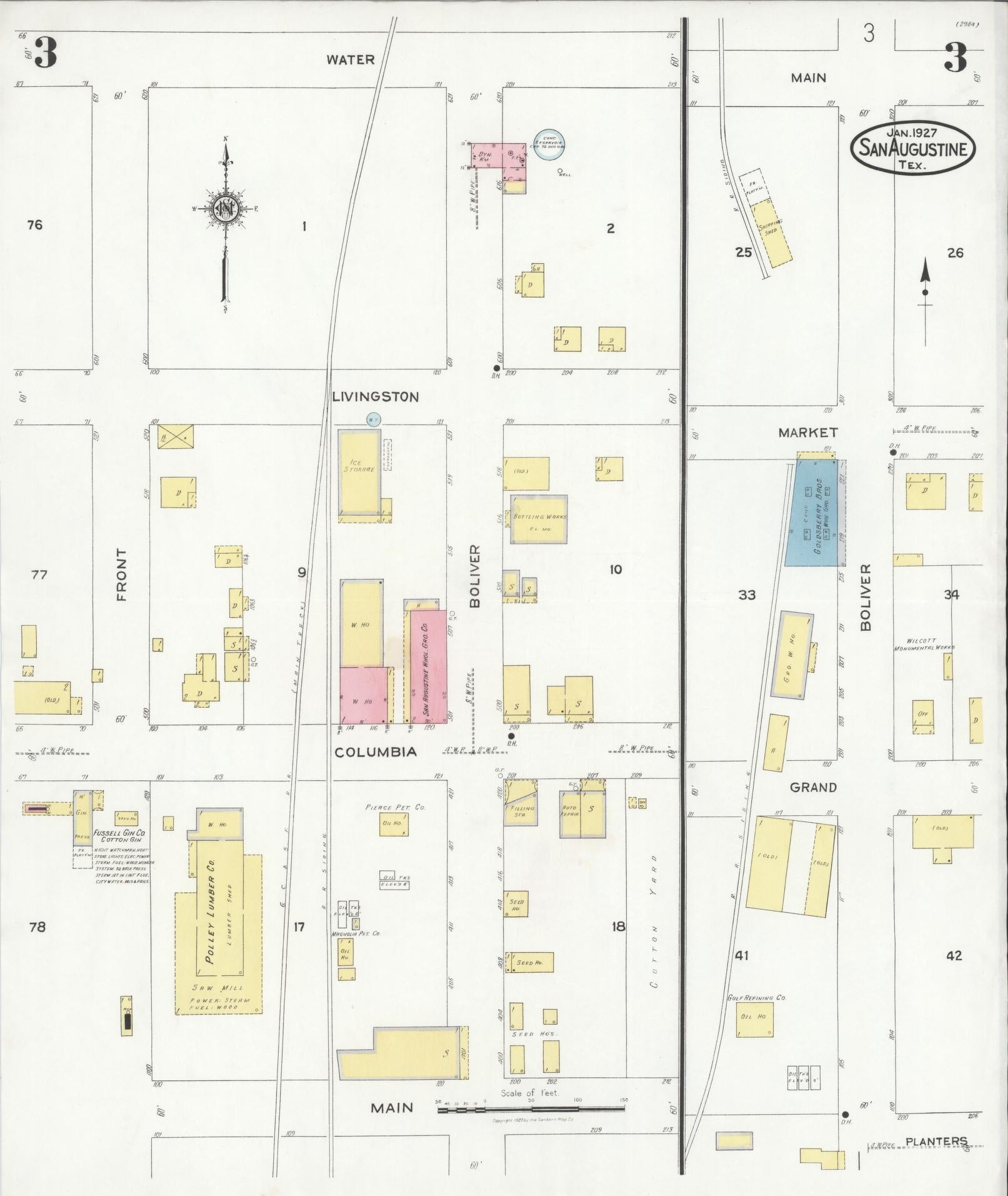 Sanborn Fire Insurance Map from San Augustine, San Augustine County, Texas (1927), Sheet #0003 - Historic Sanborn Fire Insurance Map Print, vintage old map wall art, antique decor, genealogy gift, Texas Texas map