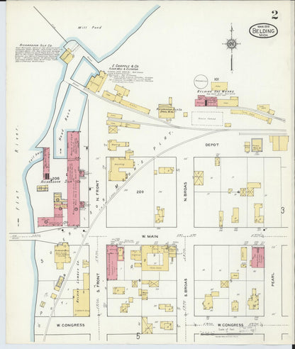 Sanborn Fire Insurance Map from Belding, Ionia County, Michigan (1918), Sheet #0002 - Complete Map Set gallery image, historic Sanborn map, vintage wall art, Michigan Michigan