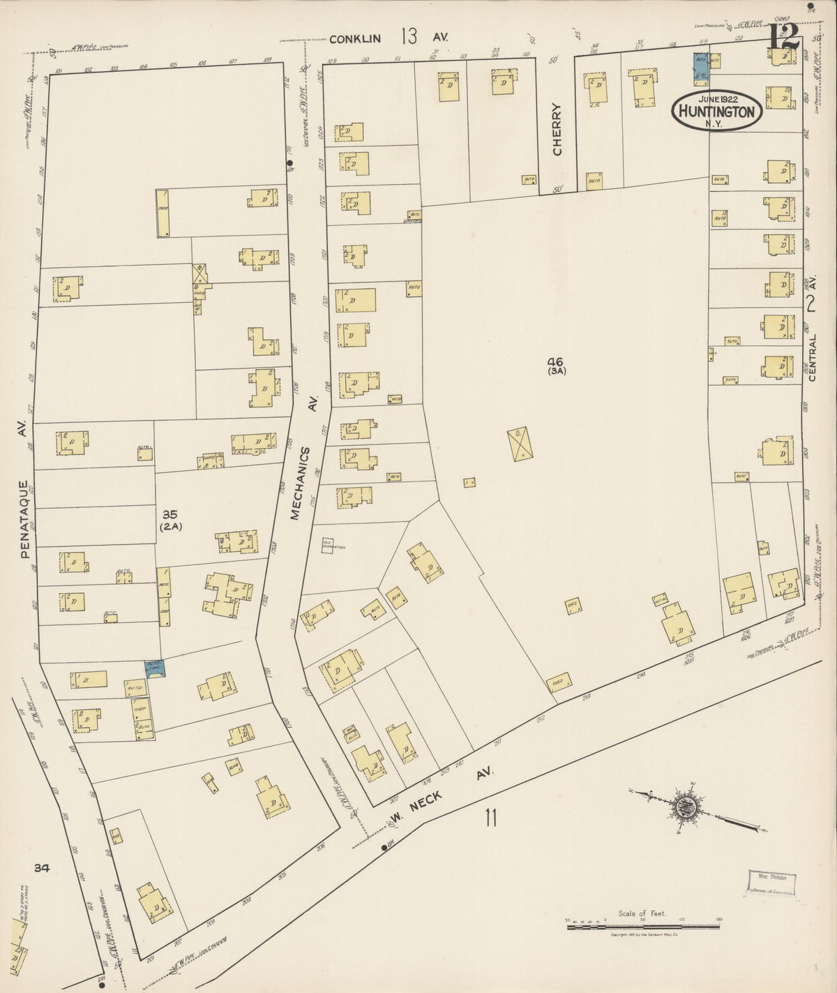 Sanborn Fire Insurance Map from Huntington, Suffolk County, New York (1922), Sheet #0012 - Complete Map Set gallery image, historic Sanborn map, vintage wall art, New York New York