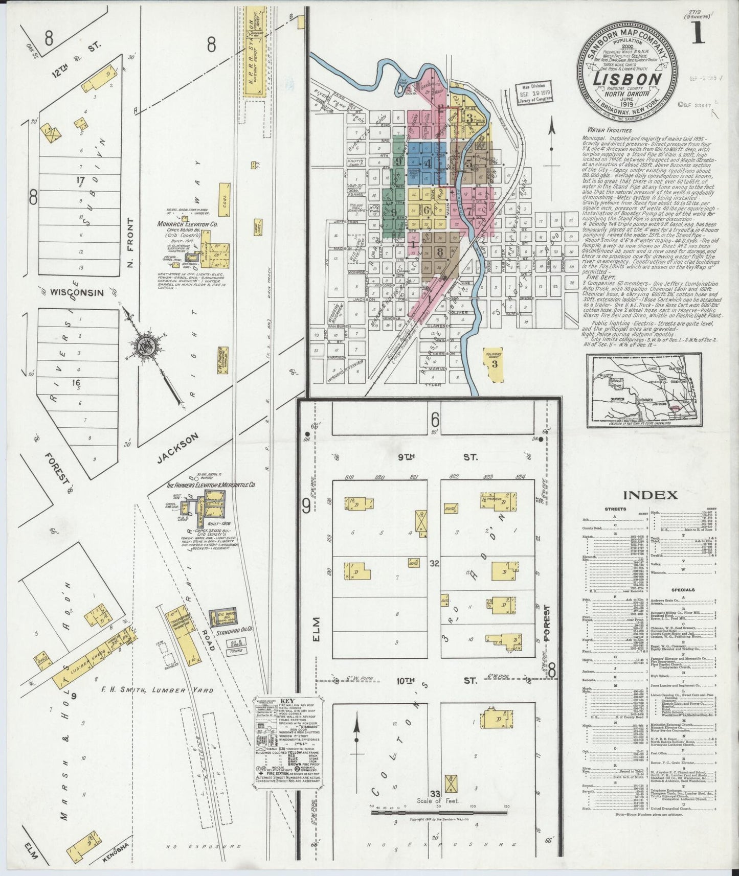 Sanborn Fire Insurance Map from Lisbon, Ransom County, North Dakota (1919), Sheet #0001 - Complete Map Set gallery image, historic Sanborn map, vintage wall art, North Dakota North Dakota