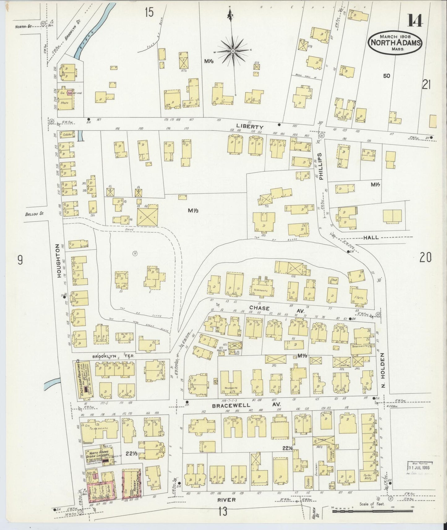 Sanborn Fire Insurance Map from North Adams, Berkshire County, Massachusetts (1908), Sheet #0014 - Historic Sanborn Fire Insurance Map Print, vintage old map wall art, antique decor, genealogy gift, Massachusetts Massachusetts map