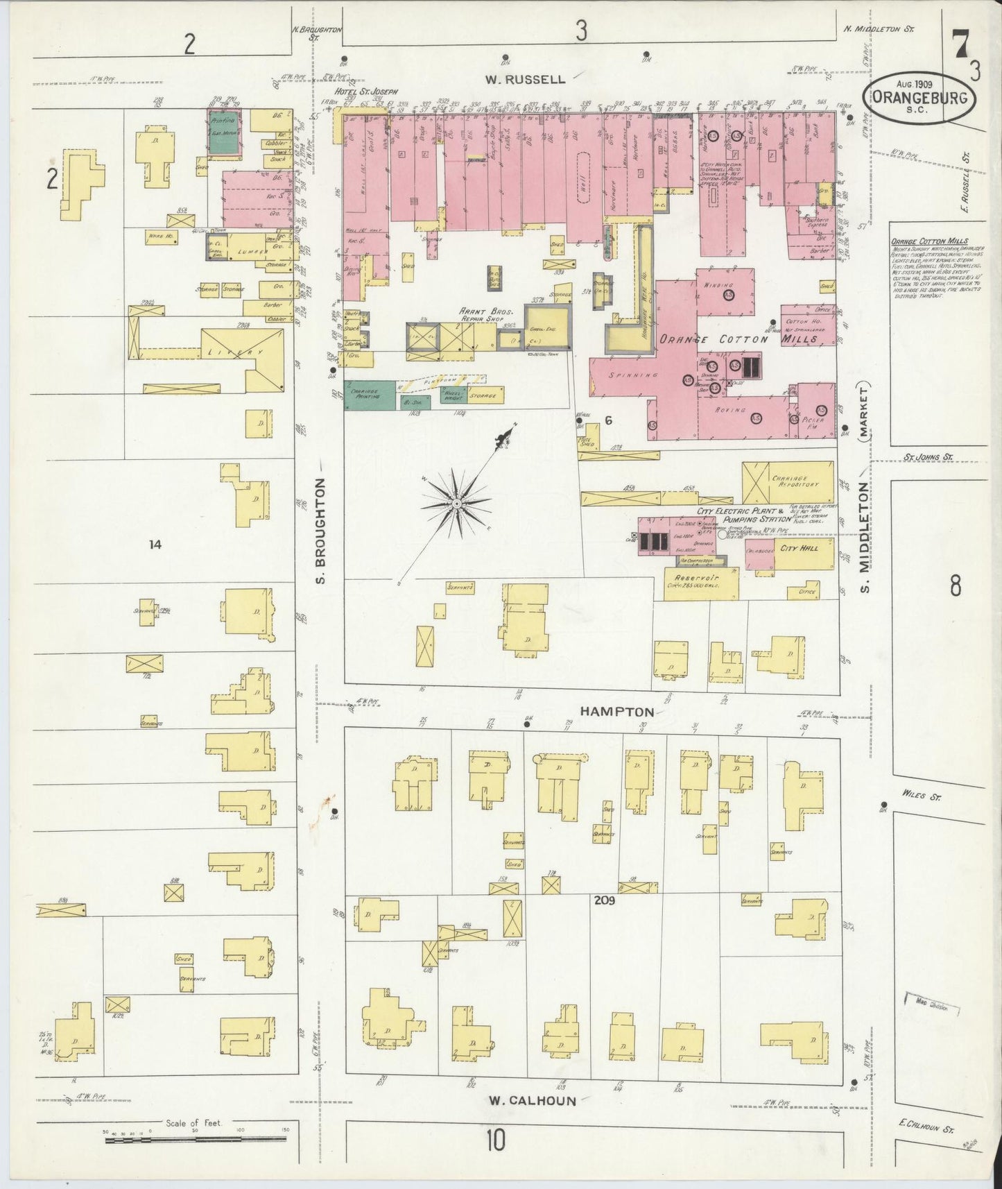 Sanborn Fire Insurance Map from Orangeburg, Orangeburg County, South Carolina (1909), Sheet #0007 - Historic Sanborn Fire Insurance Map Print, vintage old map wall art, antique decor, genealogy gift, South Carolina South Carolina map