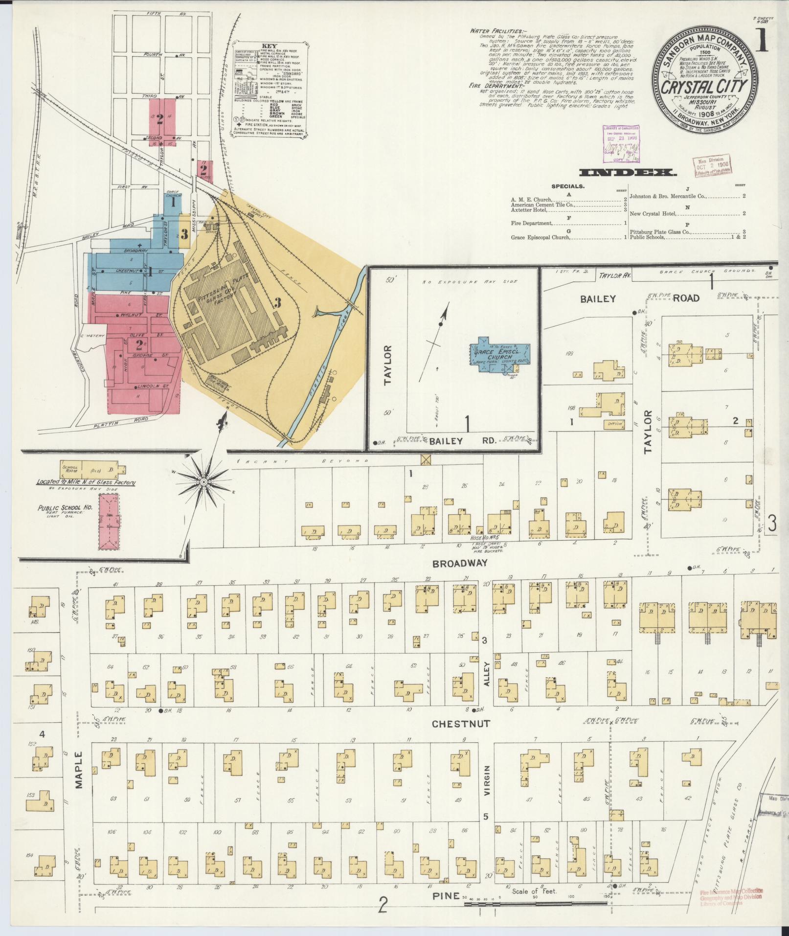 Sanborn Fire Insurance Map from Crystal City, Jefferson County, Missouri (1908), Sheet #0001 - Complete Map Set gallery image, historic Sanborn map, vintage wall art, Missouri Missouri