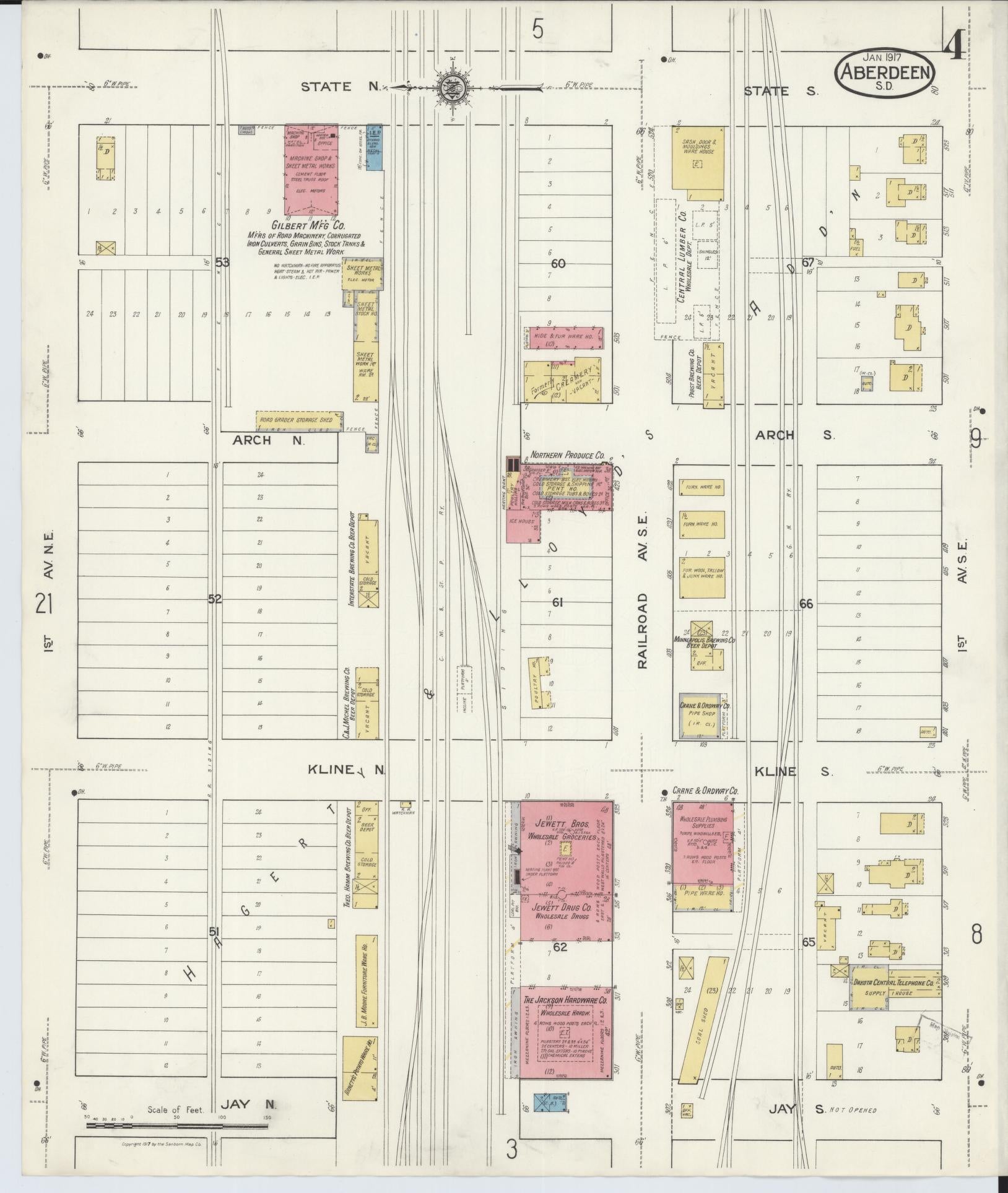 Sanborn Fire Insurance Map from Aberdeen, Brown County, South Dakota (1917), Sheet #0004 - Complete Map Set gallery image, historic Sanborn map, vintage wall art, South Dakota South Dakota