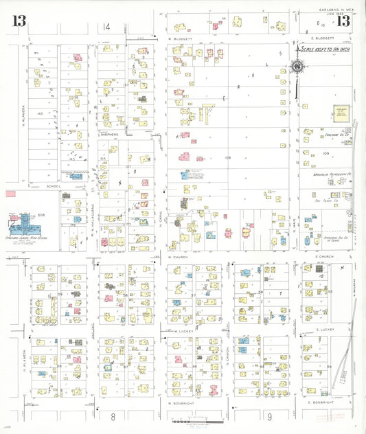 Sanborn Fire Insurance Map from Carlsbad, Eddy County, New Mexico (1943), Sheet #0013 - Historic Sanborn Fire Insurance Map Print, vintage old map wall art, antique decor, genealogy gift, New Mexico New Mexico map