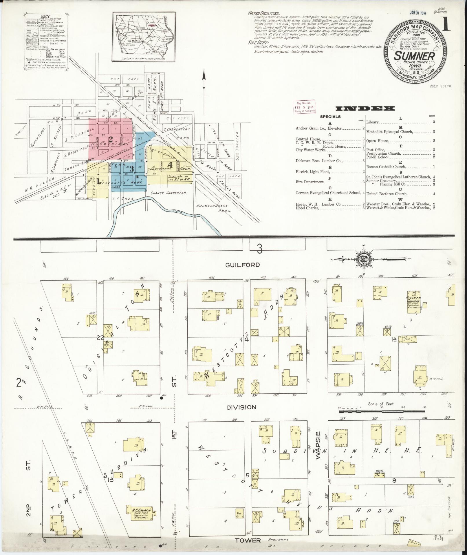 Sanborn Fire Insurance Map from Sumner, Bremer County, Iowa (1913), Sheet #0001 - Historic Sanborn Fire Insurance Map Print