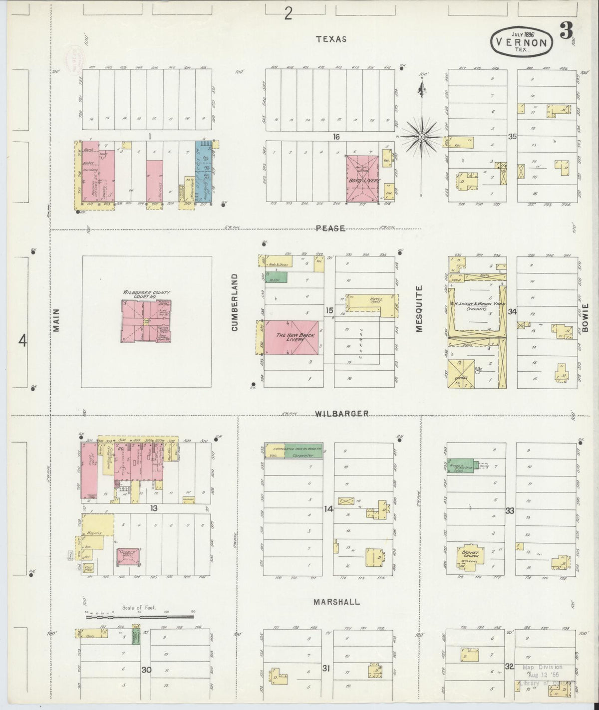 Sanborn Fire Insurance Map from Vernon, Wilbarger County, Texas (1896), Sheet #0003 - Complete Map Set gallery image, historic Sanborn map, vintage wall art, Texas Texas