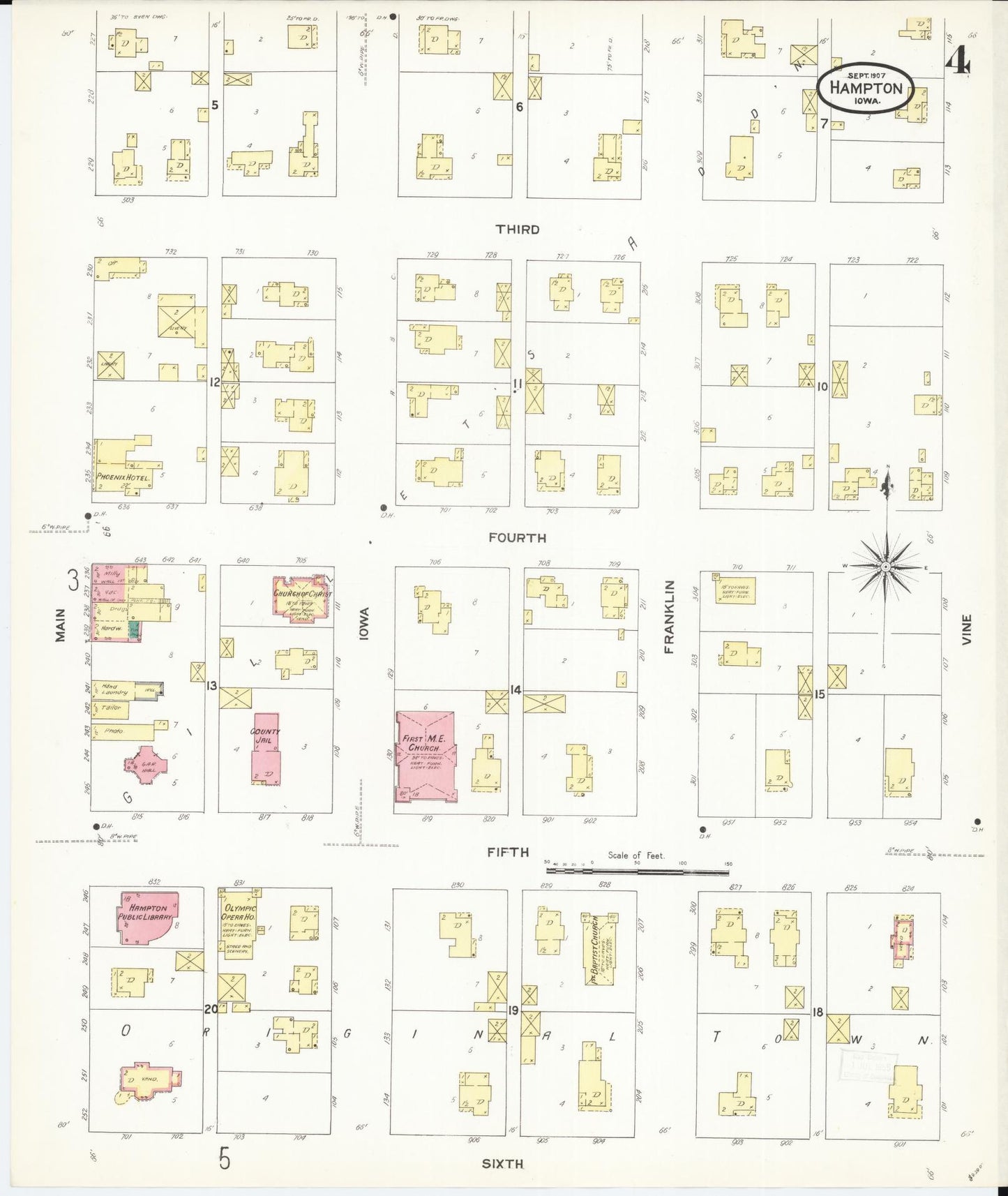 Sanborn Fire Insurance Map from Hampton, Franklin County, Iowa (1907), Sheet #0004 - Historic Sanborn Fire Insurance Map Print, vintage old map wall art