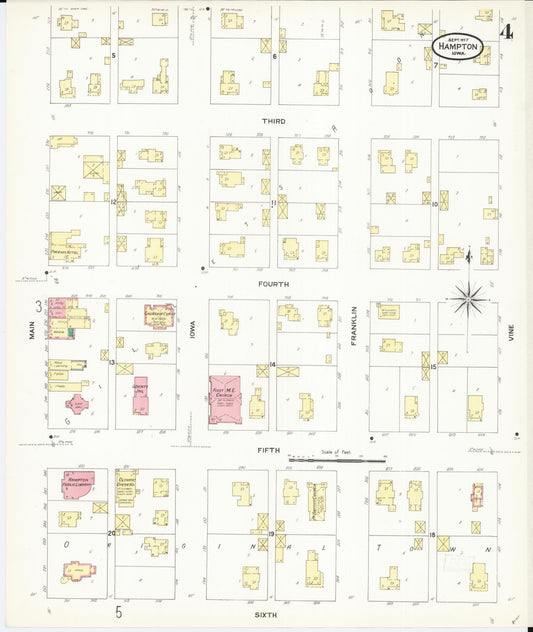 Sanborn Fire Insurance Map from Hampton, Franklin County, Iowa (1907), Sheet #0004 - Historic Sanborn Fire Insurance Map Print, vintage old map wall art