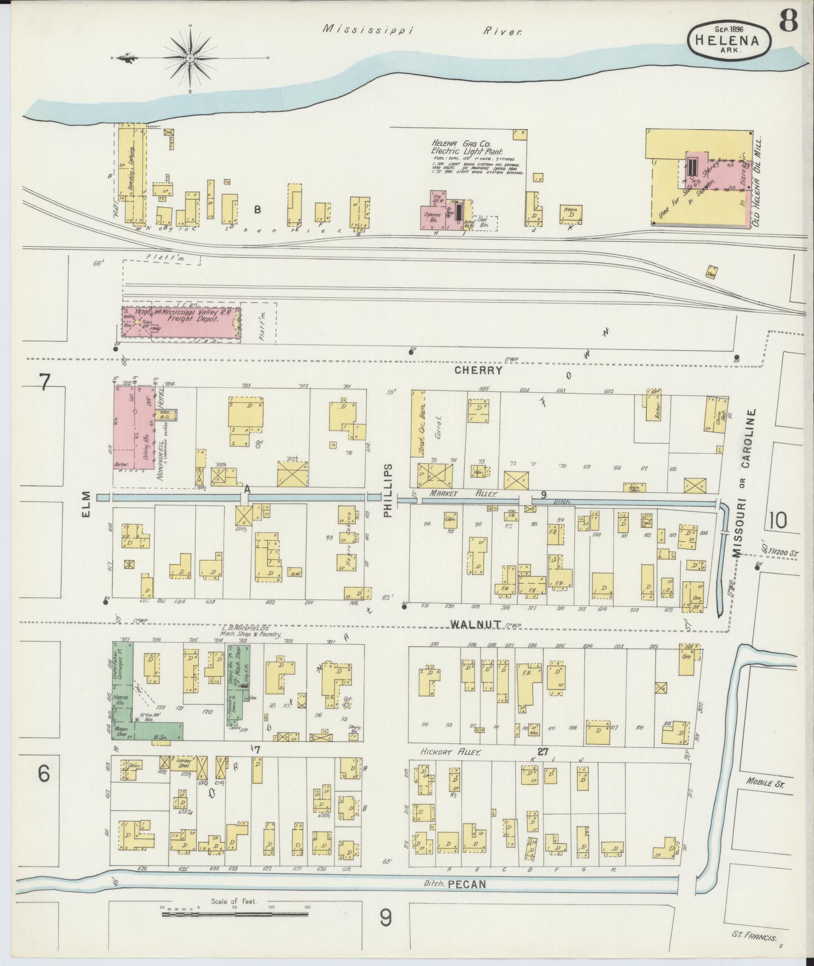 Sanborn Fire Insurance Map from Helena, Phillips County, Arkansas (1896), Sheet #0008 - Complete Map Set gallery image, historic Sanborn map, vintage wall art, Arkansas Arkansas