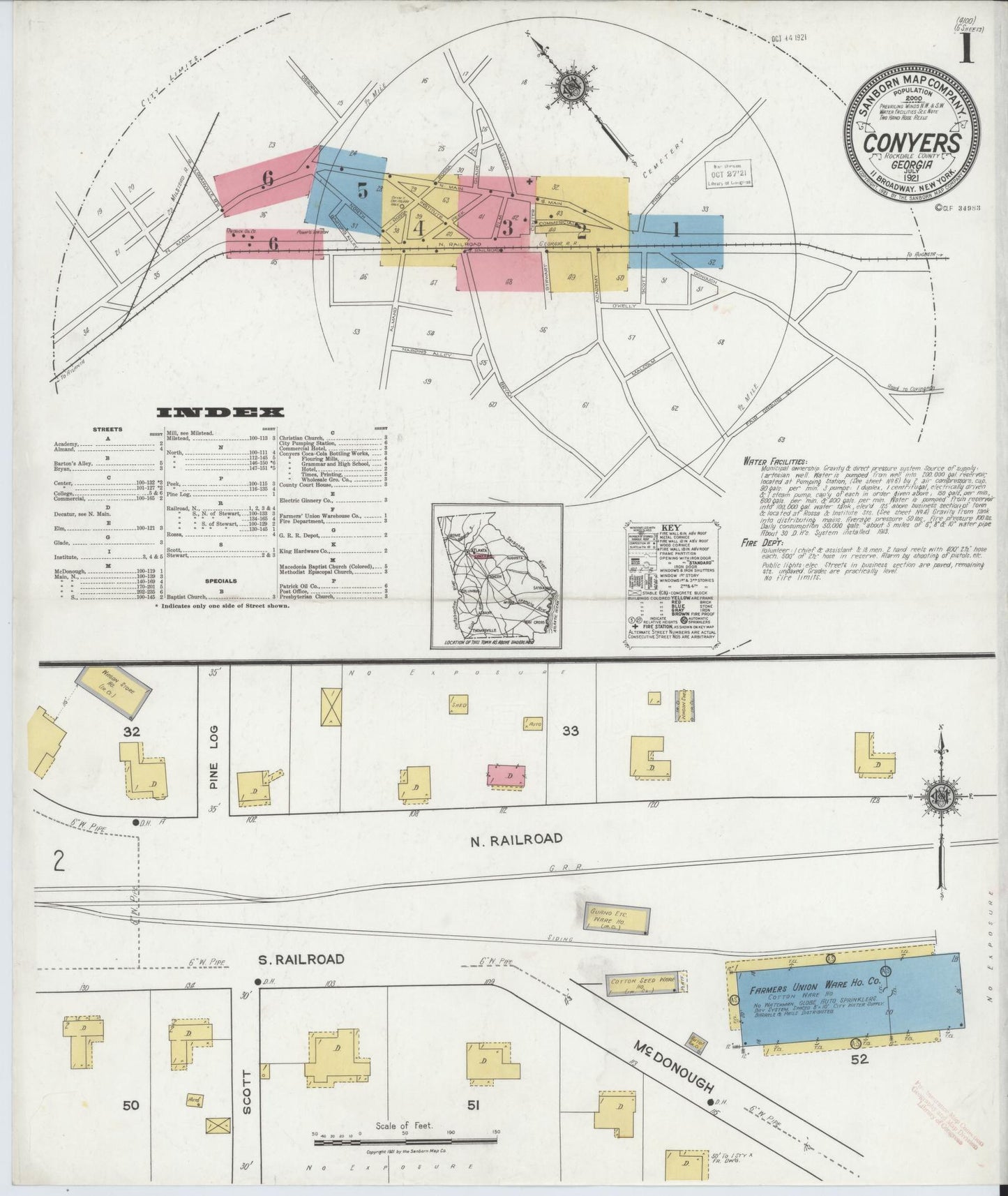 Sanborn Fire Insurance Map from Conyers, Rockdale County, Georgia. (1921) – Historic Sanborn Fire Insurance Map Print