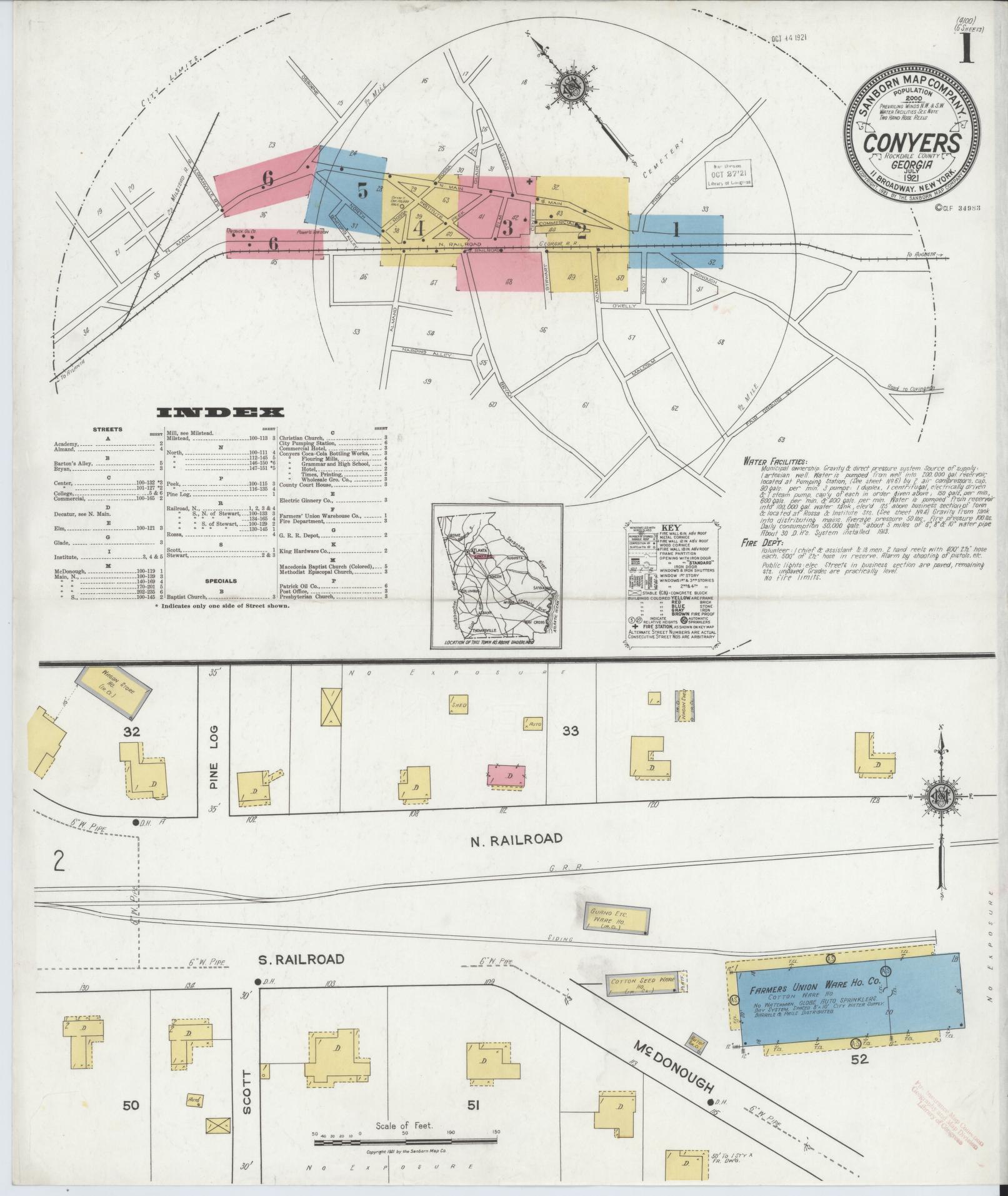 Sanborn Fire Insurance Map from Conyers, Rockdale County, Georgia. (1921) – Historic Sanborn Fire Insurance Map Print