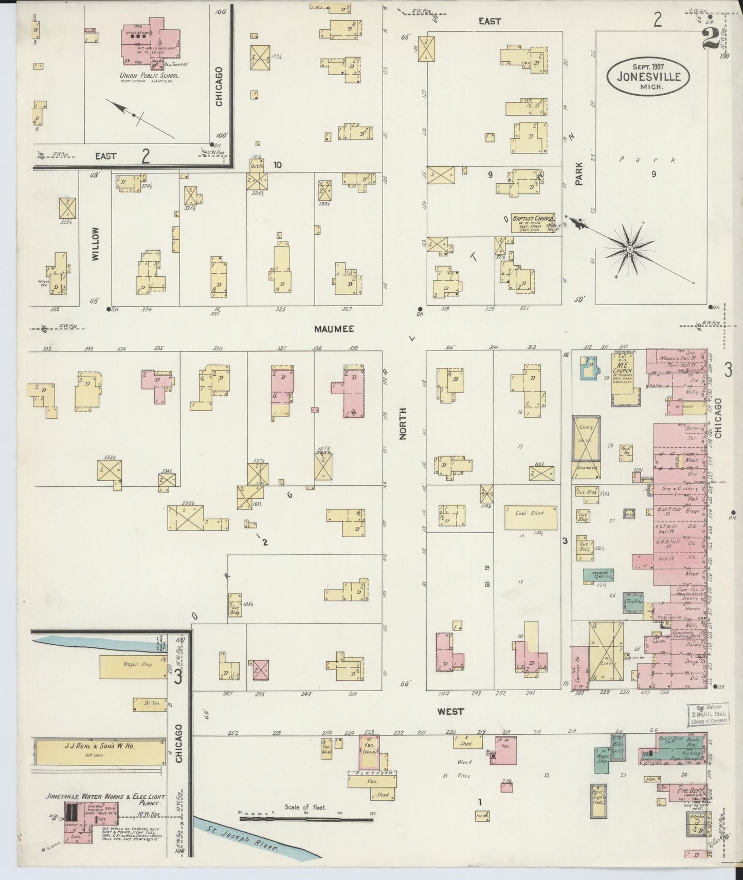 Sanborn Fire Insurance Map from Jonesville, Hillsdale County, Michigan (1907), Sheet #0002 - Complete Map Set gallery image, historic Sanborn map, vintage wall art, Michigan Michigan