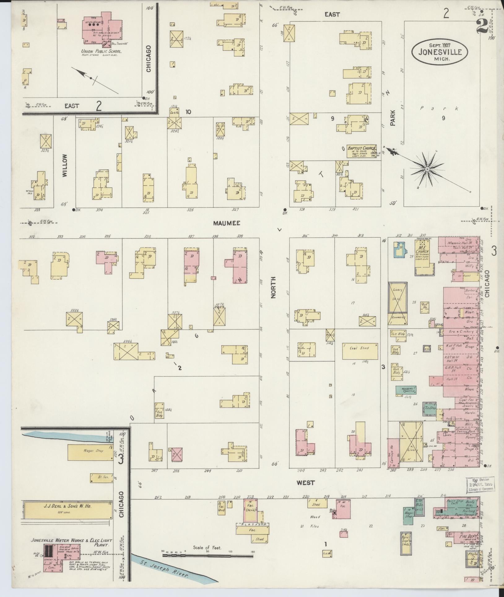 Sanborn Fire Insurance Map from Jonesville, Hillsdale County, Michigan (1907), Sheet #0002 - Complete Map Set gallery image, historic Sanborn map, vintage wall art, Michigan Michigan