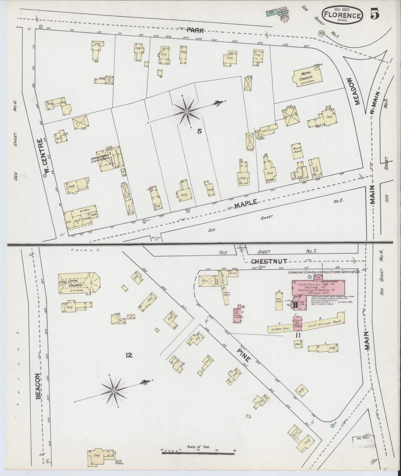 Sanborn Fire Insurance Map from Florence, Hampshire County, Massachusetts (1889), Sheet #0005 - Complete Map Set gallery image, historic Sanborn map, vintage wall art, Massachusetts Massachusetts