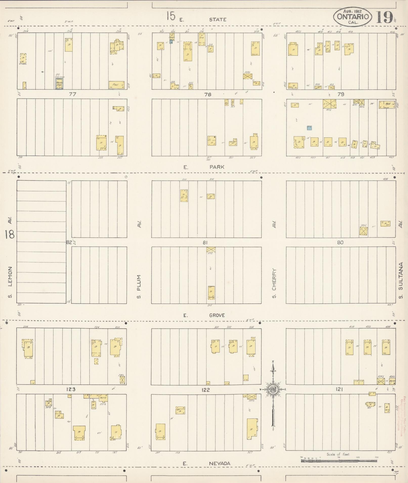 Sanborn Fire Insurance Map from Ontario, San Bernardino County, California (1912), Sheet #0019 - Historic Sanborn Fire Insurance Map Print, vintage old map wall art, antique decor, genealogy gift, California California map