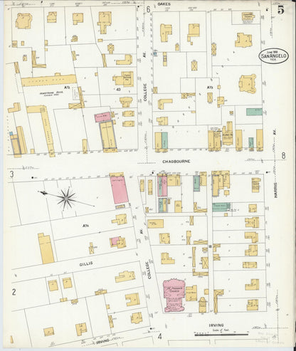 Sanborn Fire Insurance Map from San Angelo, Tom Green County, Texas (1908), Sheet #0005 - Historic Sanborn Fire Insurance Map Print, vintage old map wall art, antique decor, genealogy gift, Texas Texas map