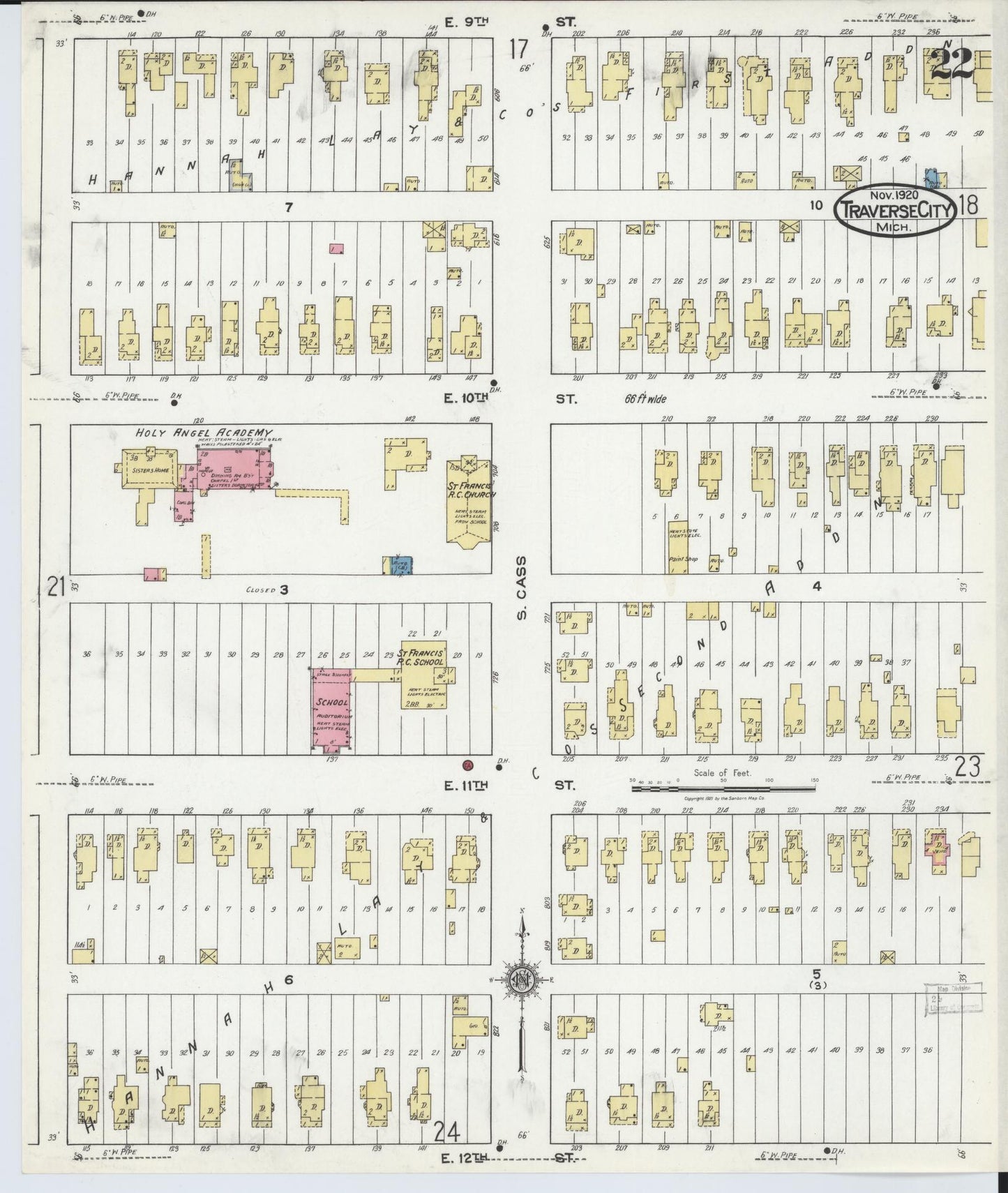 Sanborn Fire Insurance Map from Traverse City, Grand Traverse County, Michigan (1920), Sheet #0022 - Complete Map Set gallery image, historic Sanborn map, vintage wall art, Michigan Michigan