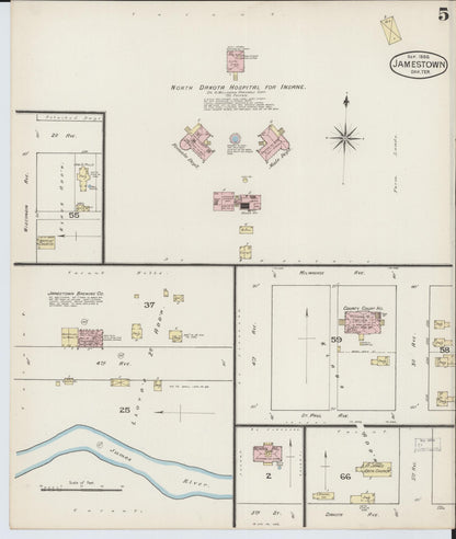 Sanborn Fire Insurance Map from Jamestown, Stutsman County, North Dakota (1886), Sheet #0005 - Complete Map Set gallery image, historic Sanborn map, vintage wall art, North Dakota North Dakota