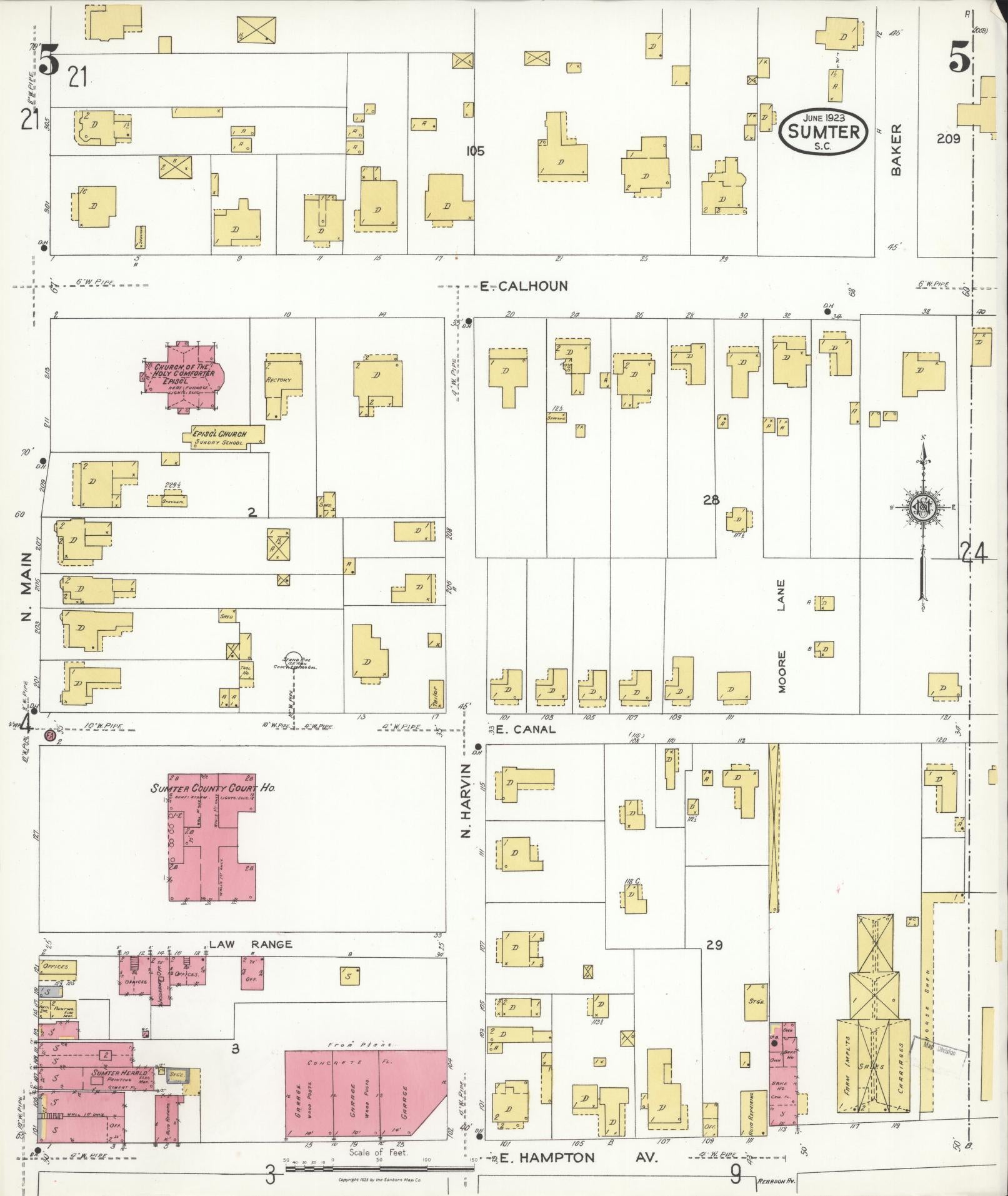 Sanborn Fire Insurance Map from Sumter, Sumter County, South Carolina (1923), Sheet #0005 - Historic Sanborn Fire Insurance Map Print, vintage old map wall art, antique decor, genealogy gift, South Carolina South Carolina map