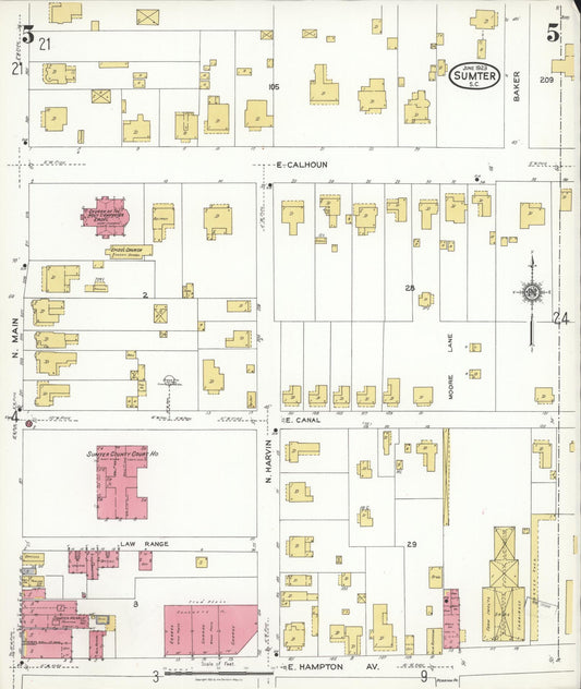 Sanborn Fire Insurance Map from Sumter, Sumter County, South Carolina (1923), Sheet #0005 - Historic Sanborn Fire Insurance Map Print, vintage old map wall art, antique decor, genealogy gift, South Carolina South Carolina map