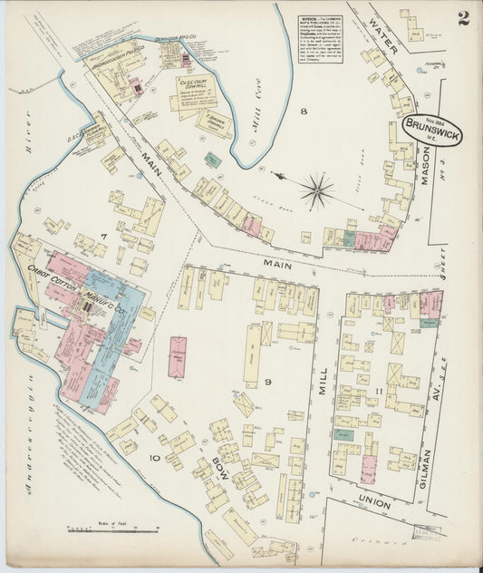 Sanborn Fire Insurance Map from Brunswick, Cumberland County, Maine (1884), Sheet #0002 - Historic Sanborn Fire Insurance Map Print, vintage old map wall art, antique decor, genealogy gift, Maine Maine map