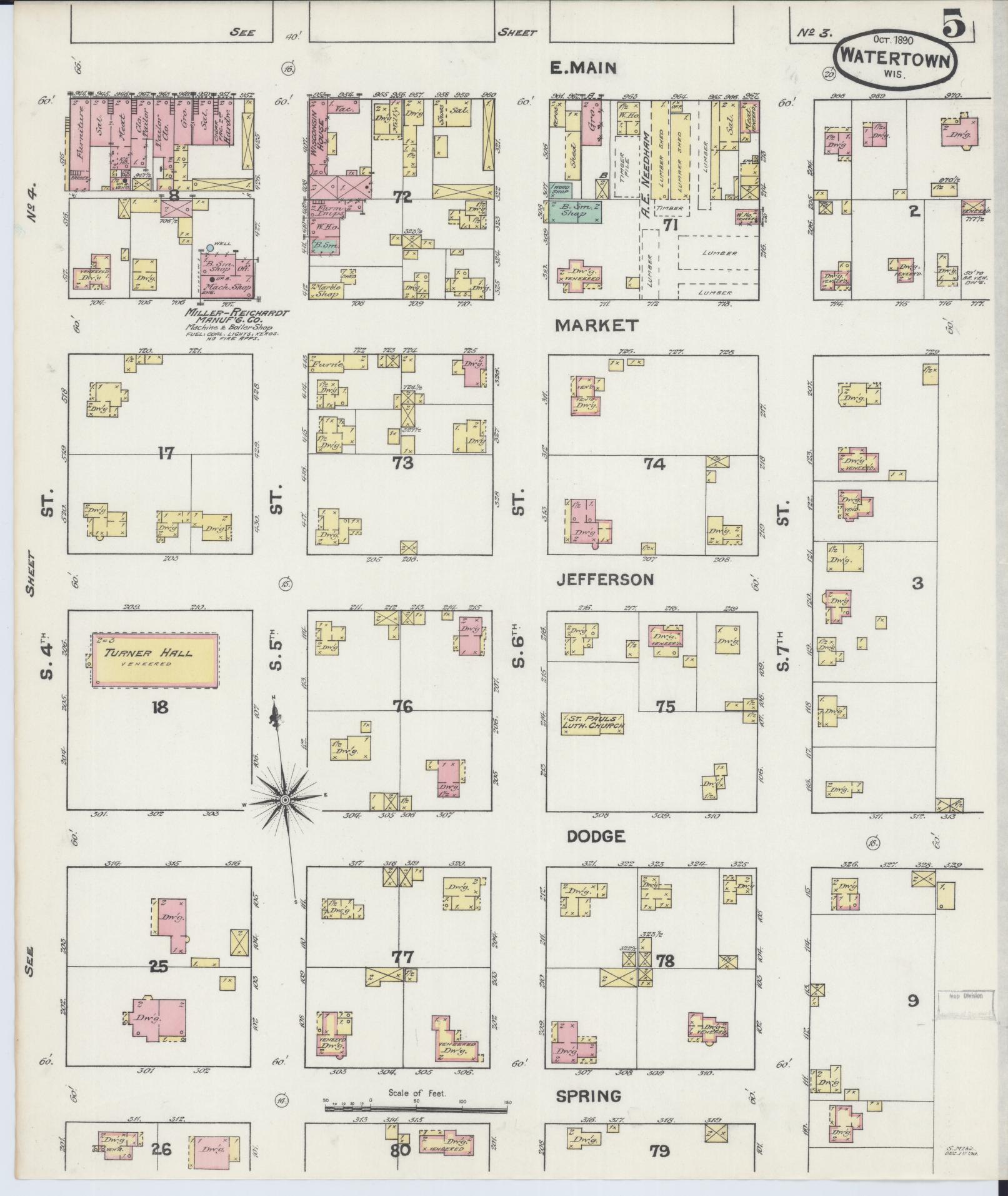 Sanborn Fire Insurance Map from Watertown, Jefferson County, Wisconsin (1890), Sheet #0005 - Historic Sanborn Fire Insurance Map Print, vintage old map wall art, antique decor, genealogy gift, Wisconsin Wisconsin map