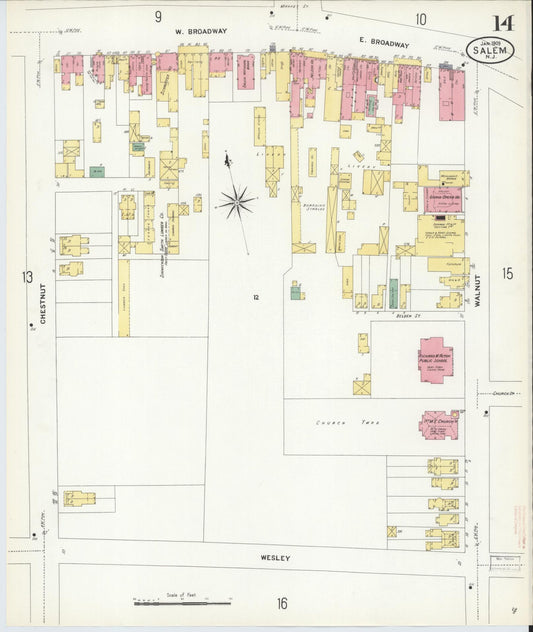 Sanborn Fire Insurance Map from Salem, Salem County, New Jersey (1909), Sheet #0014 - Historic Sanborn Fire Insurance Map Print, vintage old map wall art, antique decor, genealogy gift, New Jersey New Jersey map