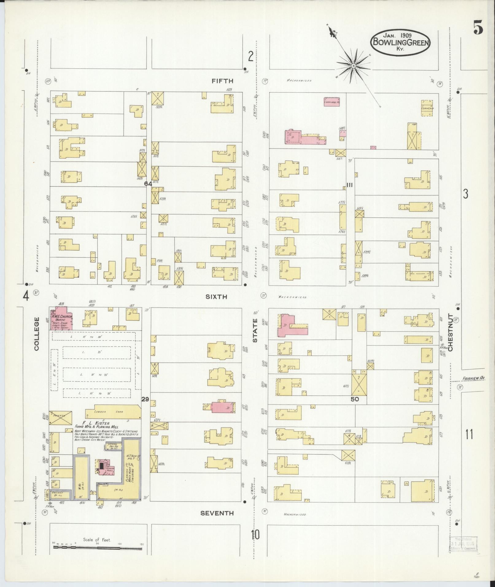 Sanborn Fire Insurance Map from Bowling Green, Warren County, Kentucky (1909), Sheet #0005 - Historic Sanborn Fire Insurance Map Print, vintage old map wall art, antique decor, genealogy gift, Kentucky Kentucky map