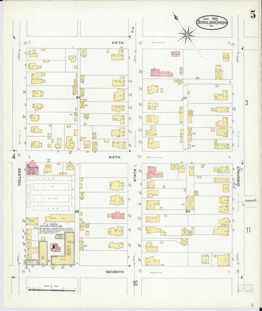 Sanborn Fire Insurance Map from Bowling Green, Warren County, Kentucky (1909), Sheet #0005 - Historic Sanborn Fire Insurance Map Print, vintage old map wall art, antique decor, genealogy gift, Kentucky Kentucky map