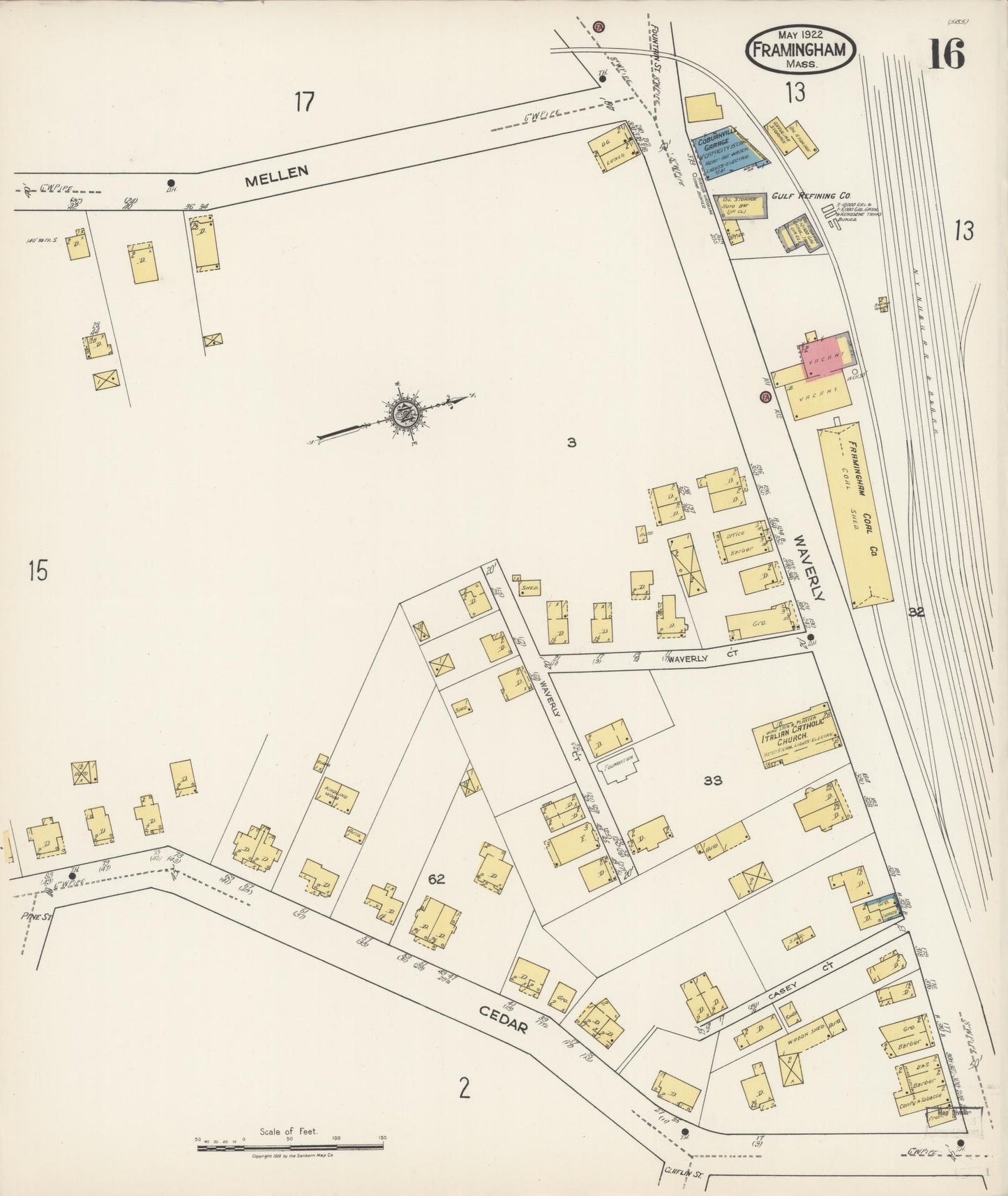 Sanborn Fire Insurance Map from Framingham, Middlesex County, Massachusetts (1922), Sheet #0016 - Historic Sanborn Fire Insurance Map Print, vintage old map wall art, antique decor, genealogy gift, Massachusetts Massachusetts map