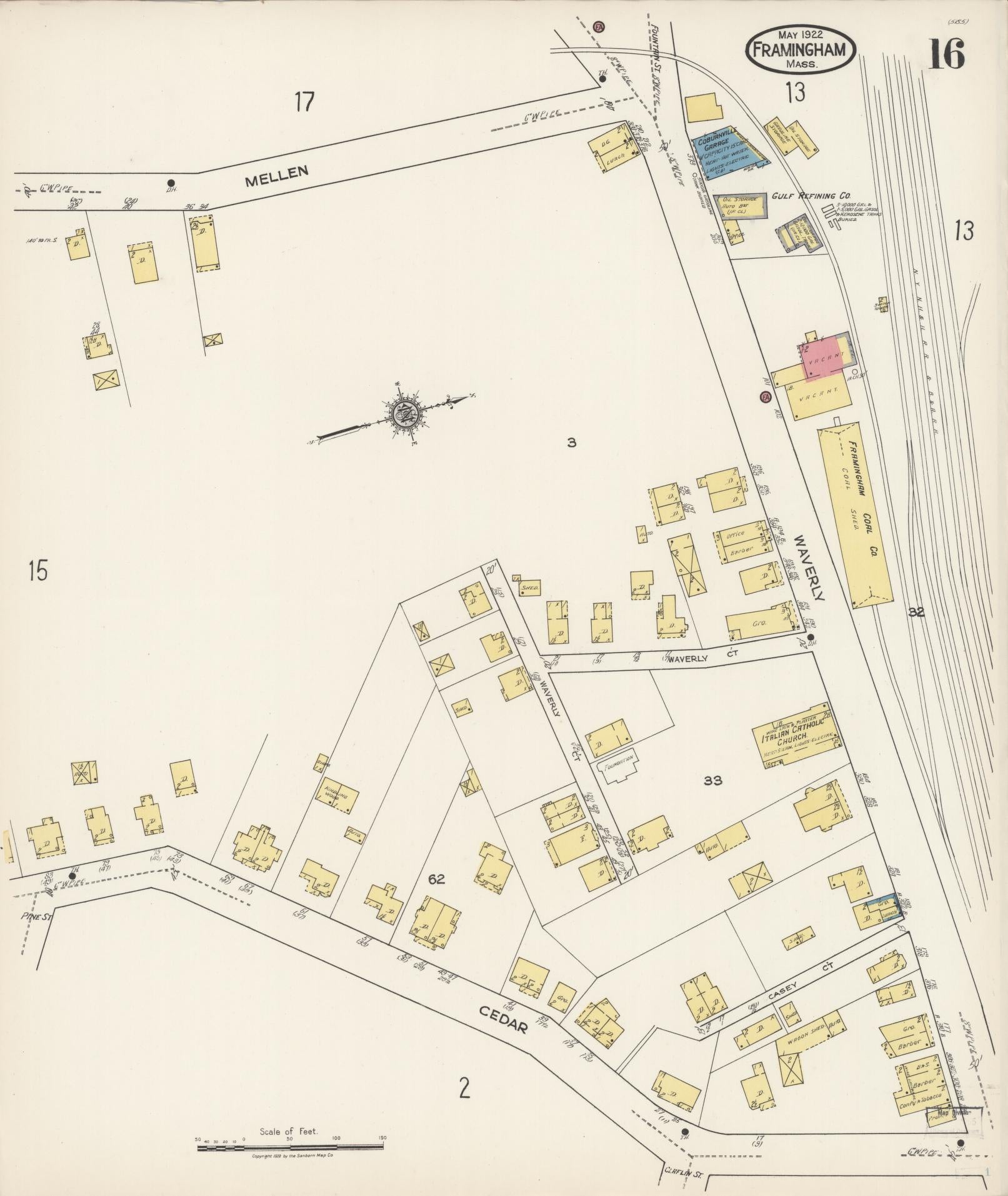 Sanborn Fire Insurance Map from Framingham, Middlesex County, Massachusetts (1922), Sheet #0016 - Historic Sanborn Fire Insurance Map Print, vintage old map wall art, antique decor, genealogy gift, Massachusetts Massachusetts map