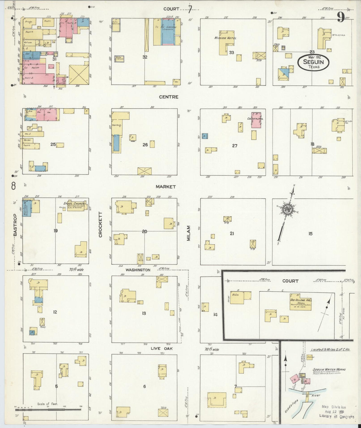 Sanborn Fire Insurance Map from Seguin, Guadalupe County, Texas (1912), Sheet #0009 - Complete Map Set gallery image, historic Sanborn map, vintage wall art, Texas Texas