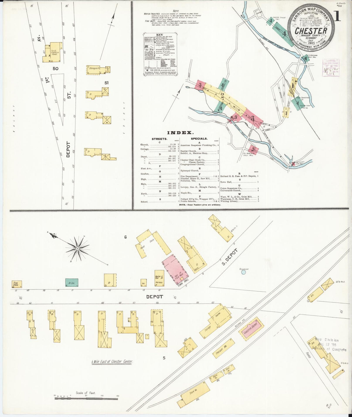Sanborn Fire Insurance Map from Chester, Windsor County, Vermont (1905), Sheet #0001 - Complete Map Set gallery image, historic Sanborn map, vintage wall art, Vermont Vermont