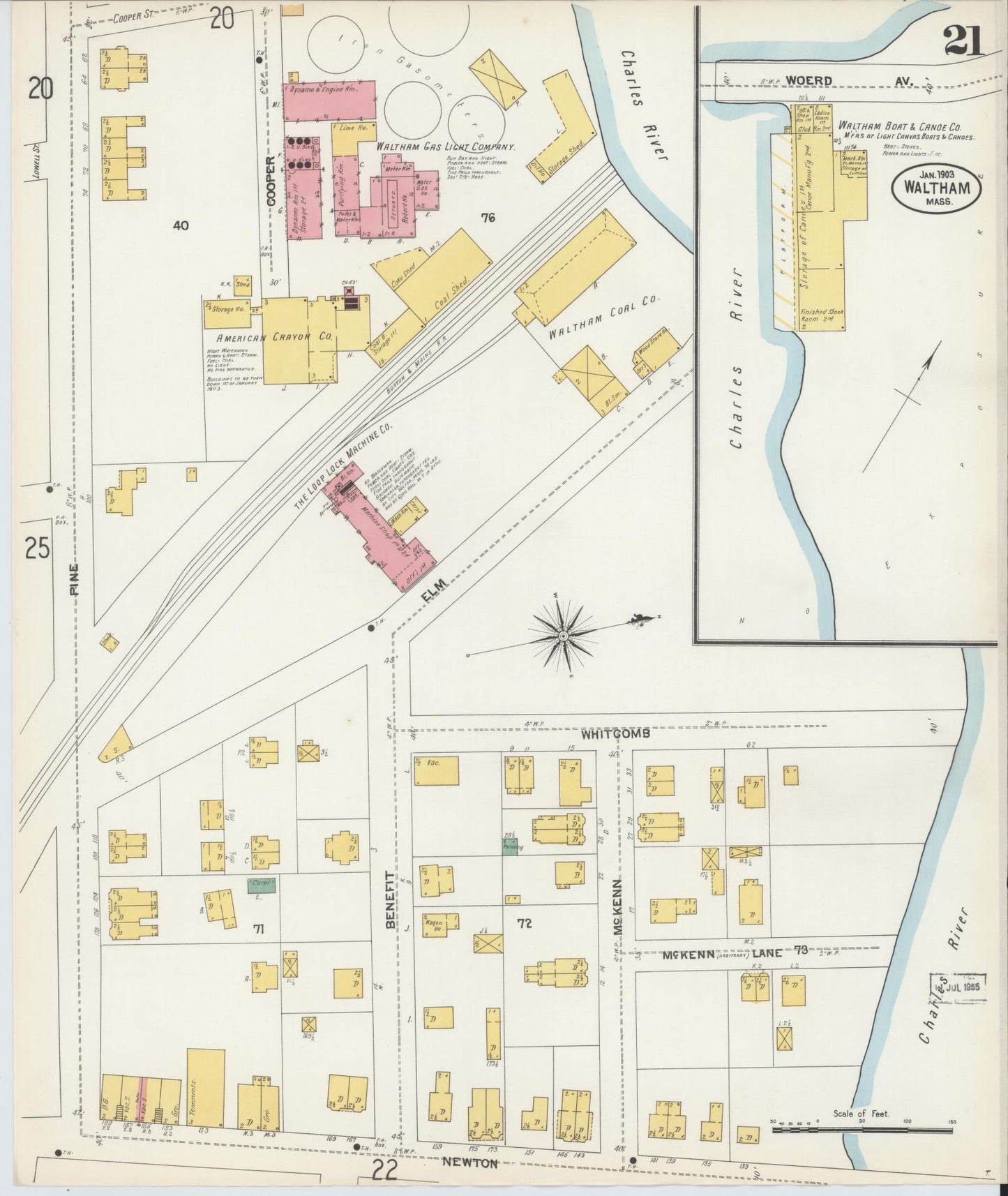 Sanborn Fire Insurance Map from Waltham, Middlesex County, Massachusetts (1903), Sheet #0021 - Historic Sanborn Fire Insurance Map Print, vintage old map wall art, antique decor, genealogy gift, Massachusetts Massachusetts map