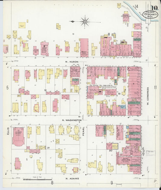 Sanborn Fire Insurance Map from Ypsilanti, Washtenaw County, Michigan (1909), Sheet #0010 - Historic Sanborn Fire Insurance Map Print, vintage old map wall art, antique decor, genealogy gift, Michigan Michigan map