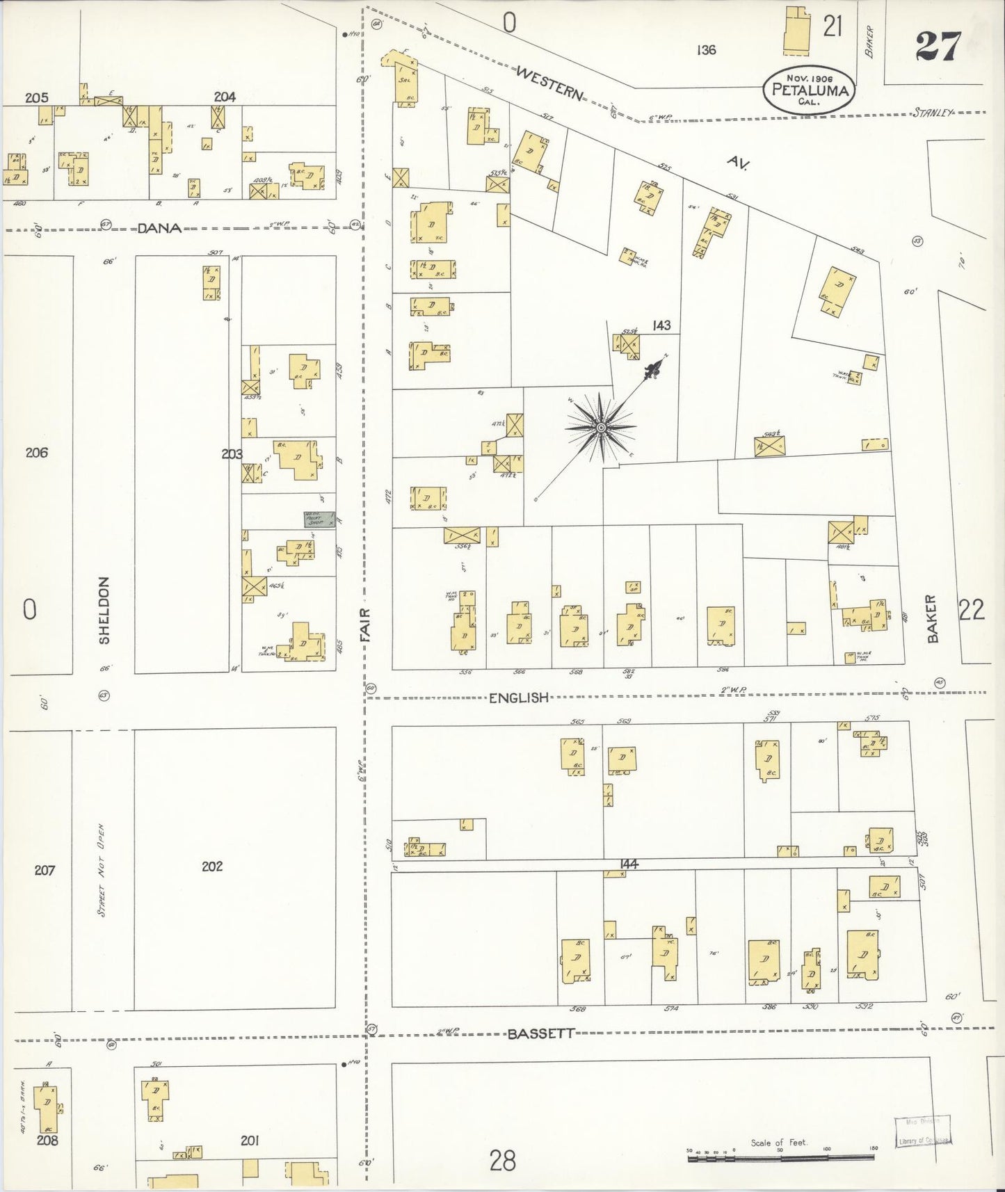 Sanborn Fire Insurance Map from Petaluma, Sonoma County, California (1906), Sheet #0027 - Complete Map Set gallery image, historic Sanborn map, vintage wall art, California California