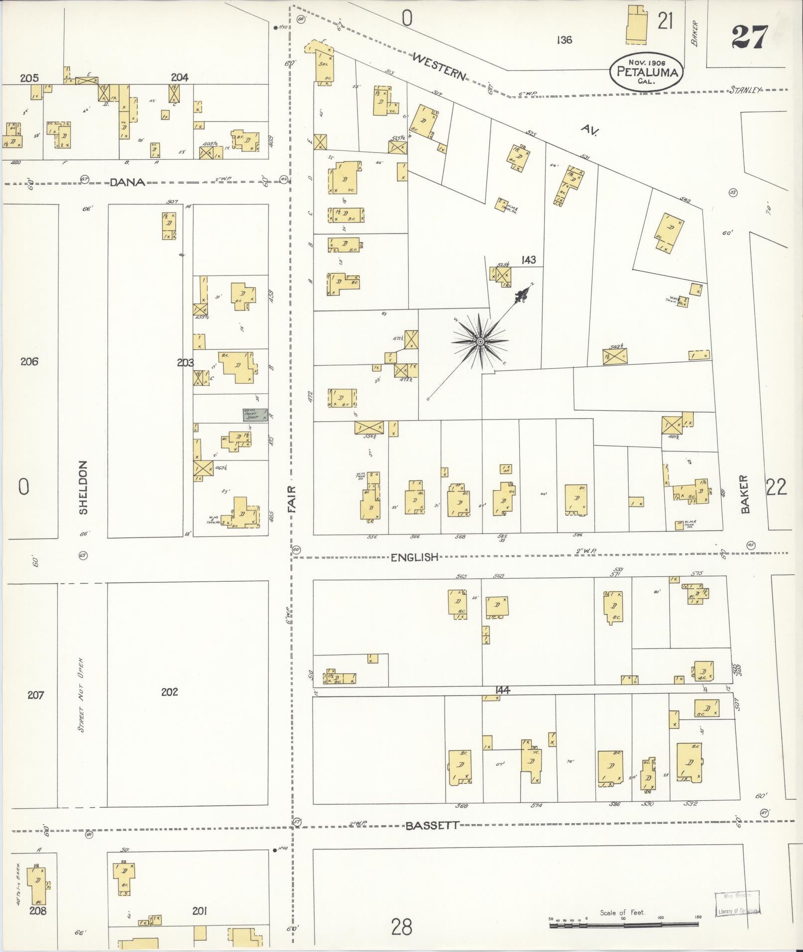 Sanborn Fire Insurance Map from Petaluma, Sonoma County, California (1906), Sheet #0027 - Complete Map Set gallery image, historic Sanborn map, vintage wall art, California California