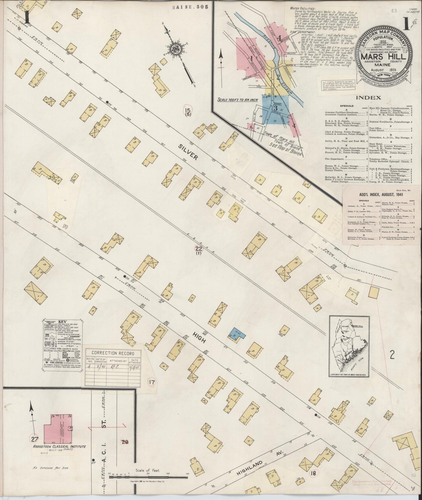 Sanborn Fire Insurance Map from Mars Hill, Aroostook County, Maine (1941), Sheet #0001 - Historic Sanborn Fire Insurance Map Print, vintage old map wall art, antique decor, genealogy gift, Maine Maine map