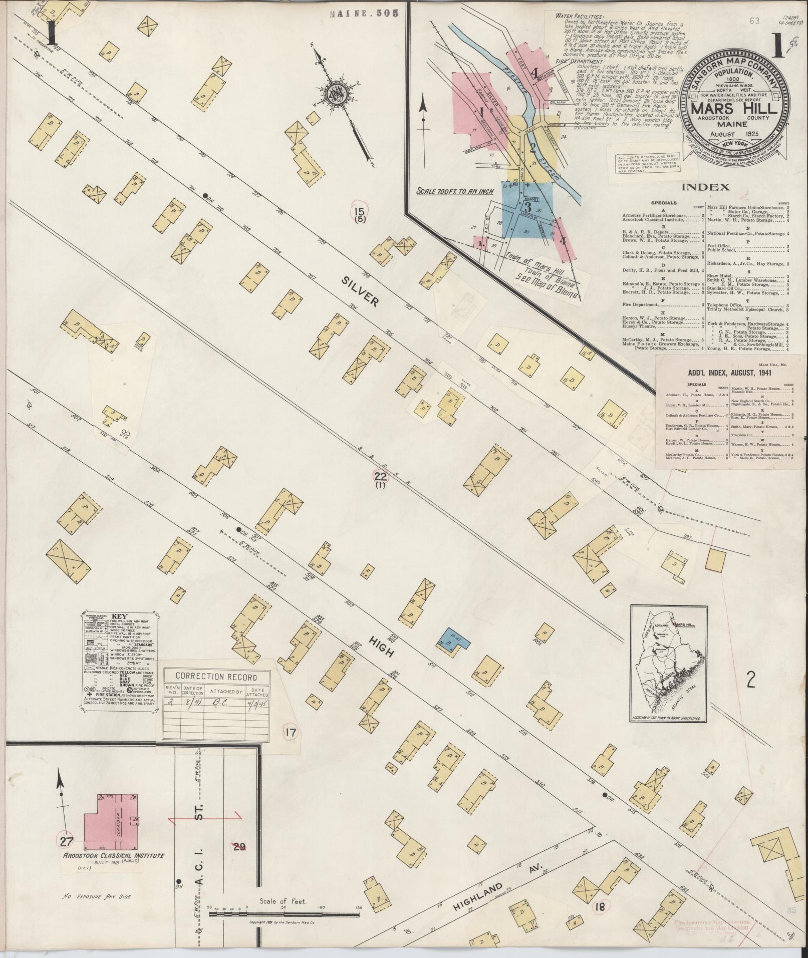 Sanborn Fire Insurance Map from Mars Hill, Aroostook County, Maine (1941), Sheet #0001 - Historic Sanborn Fire Insurance Map Print, vintage old map wall art, antique decor, genealogy gift, Maine Maine map