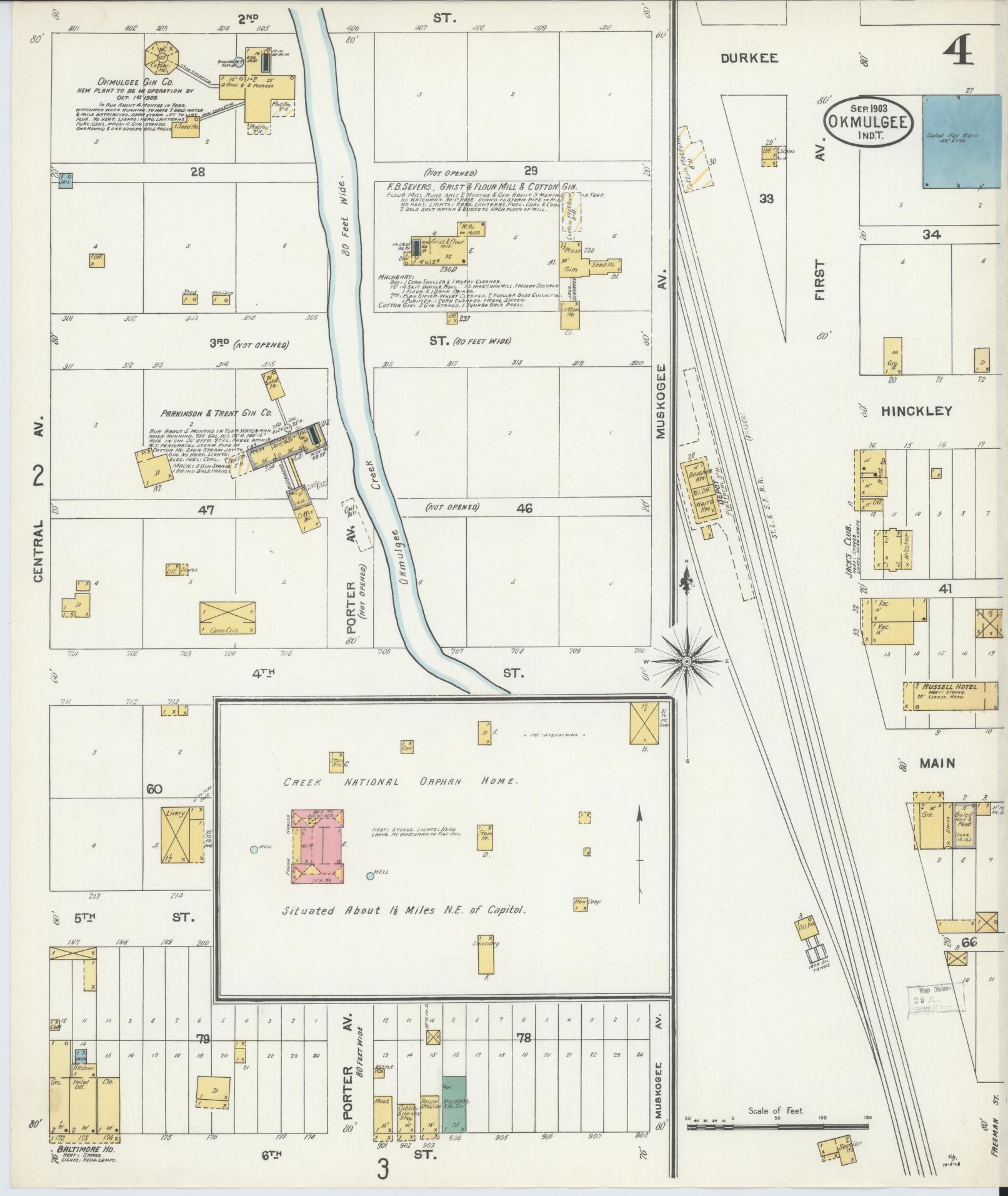 Sanborn Fire Insurance Map from Okmulgee, Okmulgee County, Oklahoma (1903), Sheet #0004 - Historic Sanborn Fire Insurance Map Print, vintage old map wall art, antique decor, genealogy gift, Oklahoma Oklahoma map