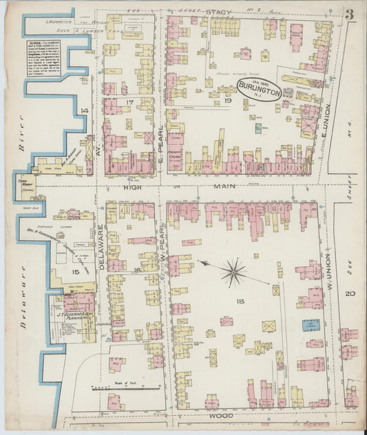 Sanborn Fire Insurance Map from Burlington, Burlington County, New Jersey (1885), Sheet #0003 - Historic Sanborn Fire Insurance Map Print, vintage old map wall art, antique decor, genealogy gift, New Jersey New Jersey map