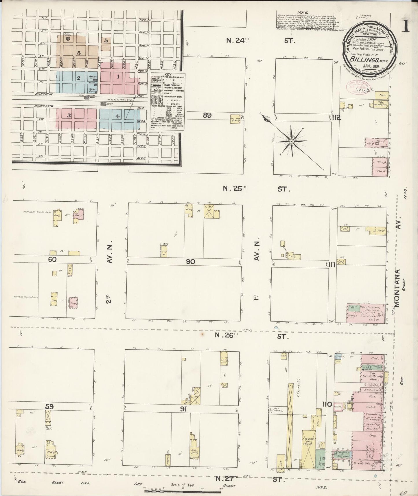 Sanborn Fire Insurance Map from Billings, Yellowstone County, Montana (1889), Sheet #0001 - Complete Map Set gallery image, historic Sanborn map, vintage wall art, Montana Montana