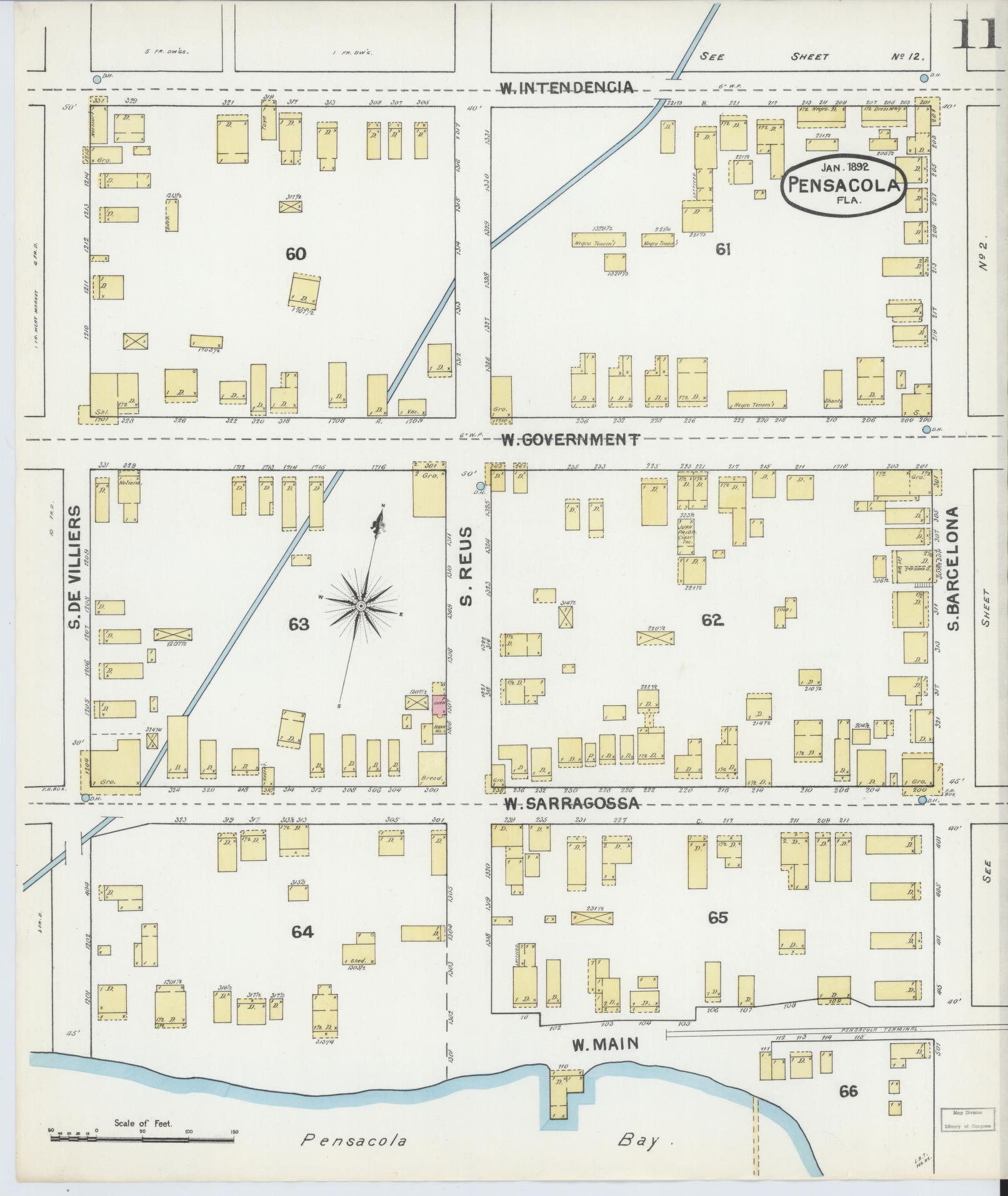 Sanborn Fire Insurance Map from Pensacola, Escambia County, Florida (1892), Sheet #0011 - Complete Map Set gallery image, historic Sanborn map, vintage wall art, Florida Florida