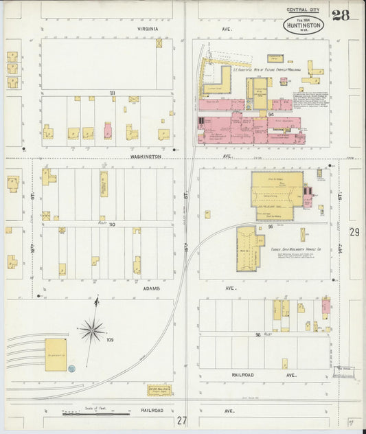 Sanborn Fire Insurance Map from Huntington, Cabell County, West Virginia (1904), Sheet #0028 - Historic Sanborn Fire Insurance Map Print, vintage old map wall art, antique decor, genealogy gift, West Virginia West Virginia map