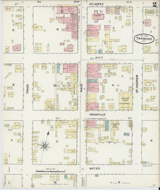 Sanborn Fire Insurance Map from Tarboro, Edgecombe County, North Carolina (1890), Sheet #0002 - Historic Sanborn Fire Insurance Map Print, vintage old map wall art, antique decor, genealogy gift, North Carolina North Carolina map