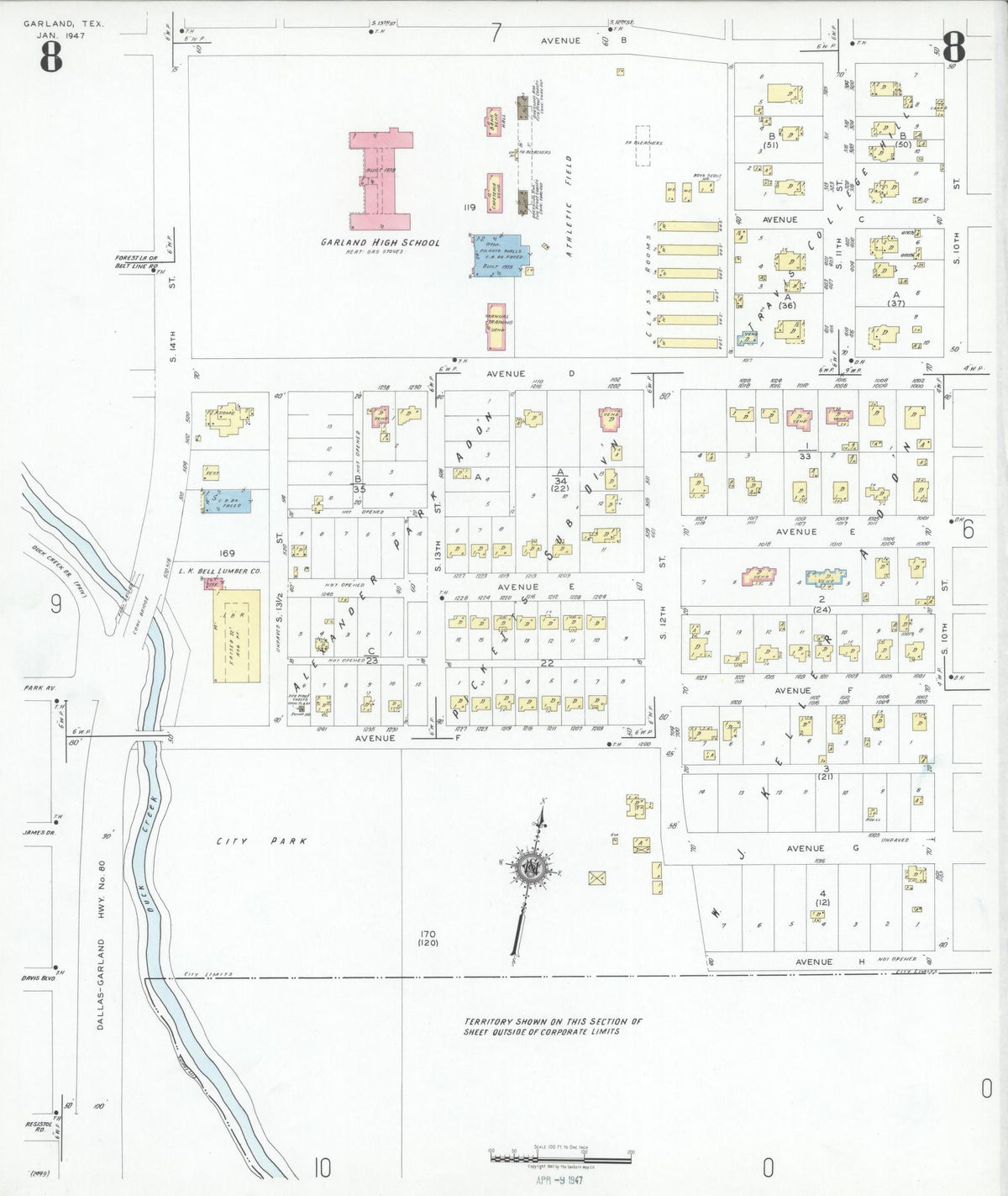 Sanborn Fire Insurance Map from Garland, Dallas County, Texas (1947), Sheet #0008 - Complete Map Set gallery image, historic Sanborn map, vintage wall art, Texas Texas
